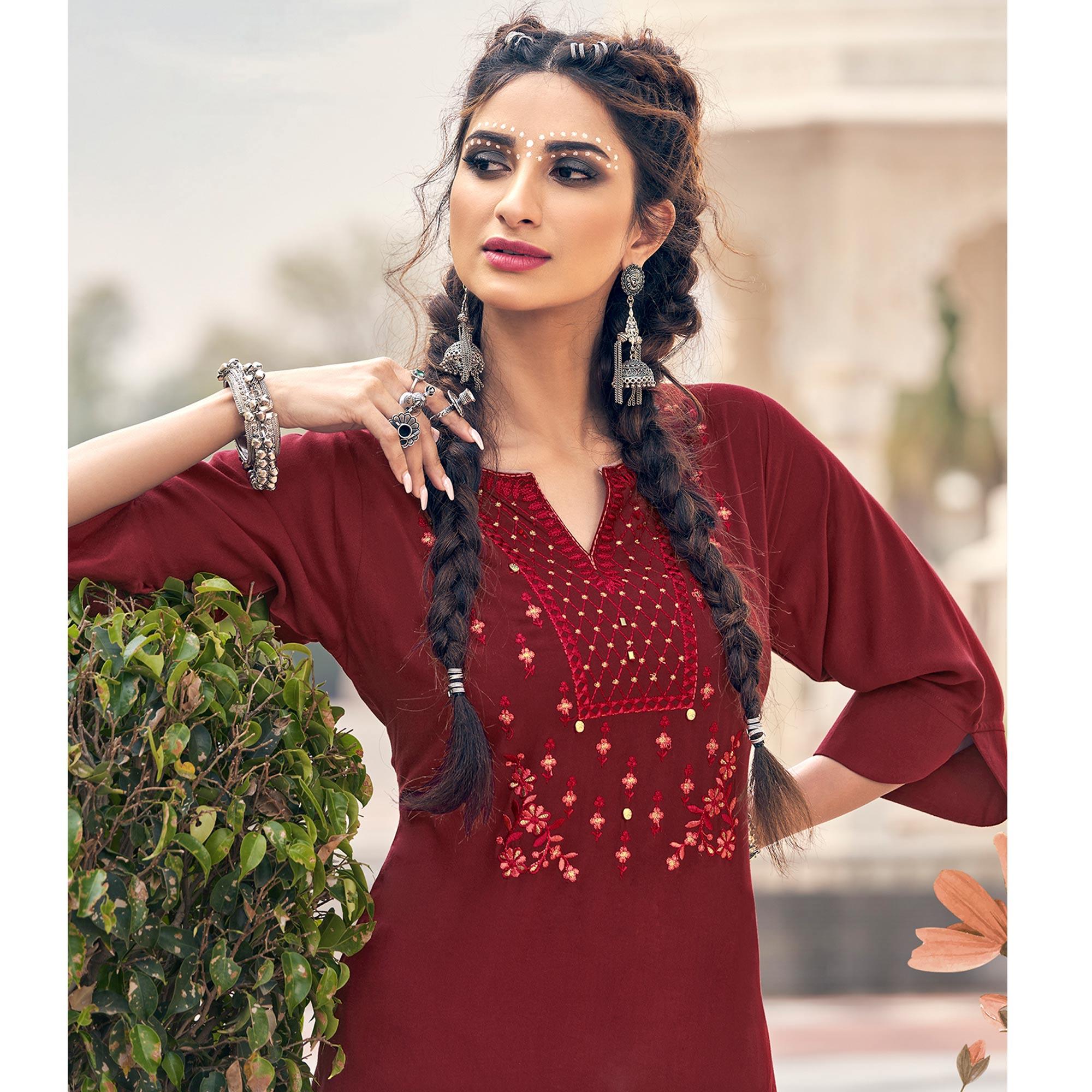 Maroon Casual Wear Embroidered Heavy Rayon Kurti - Palazzo Set - Peachmode