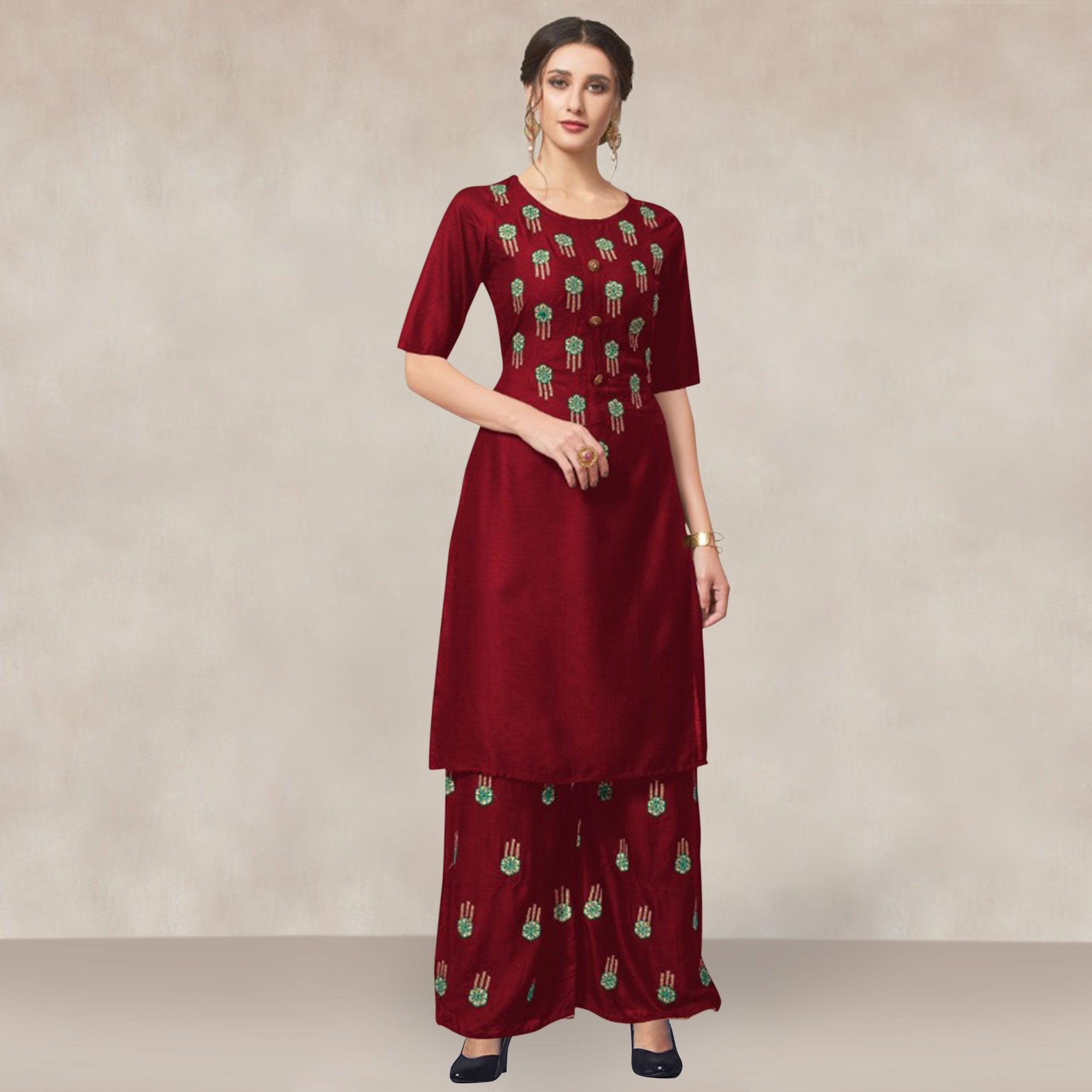 Maroon Casual Wear Embroidered Rayon Kurti-Palazzo Set - Peachmode