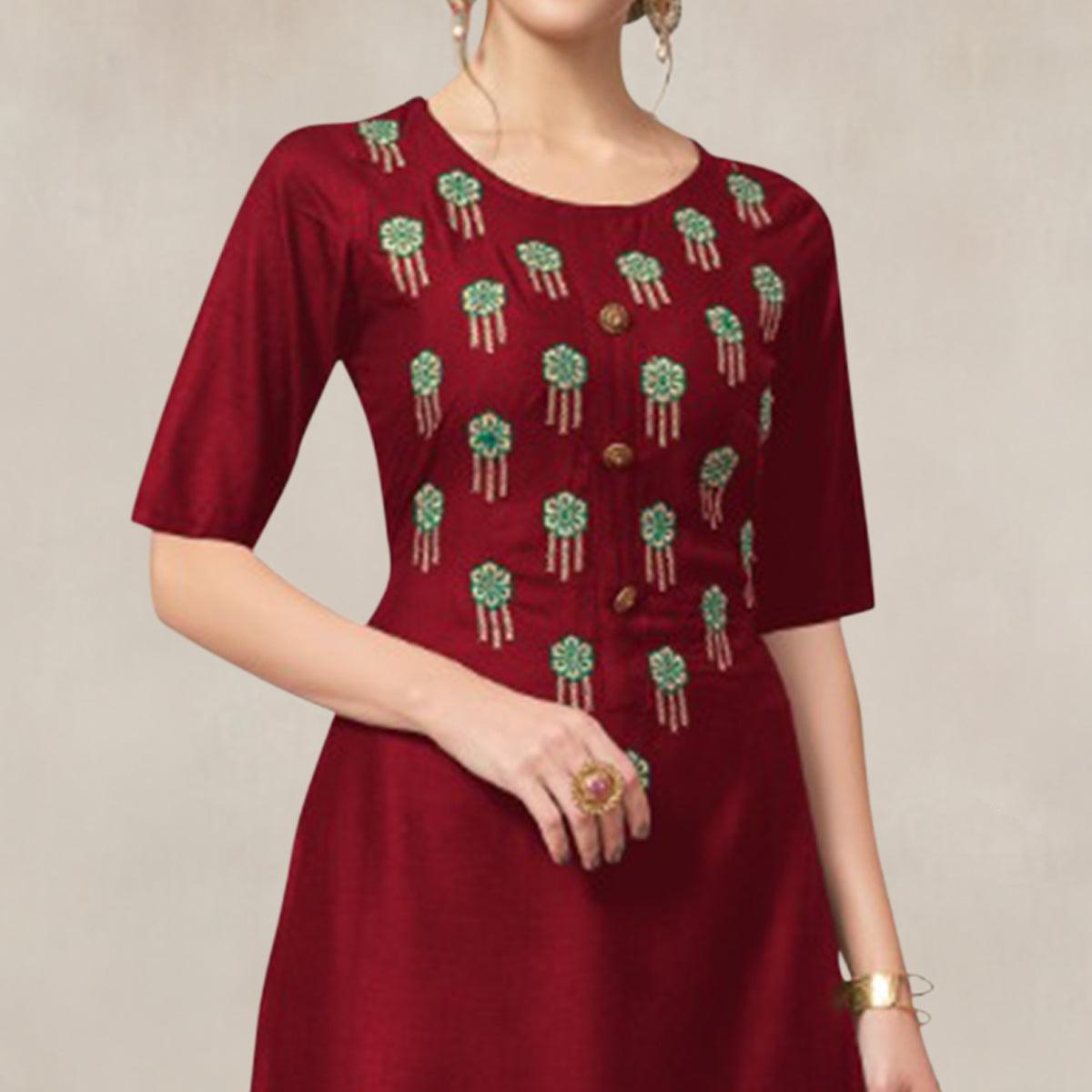 Maroon Casual Wear Embroidered Rayon Kurti-Palazzo Set - Peachmode