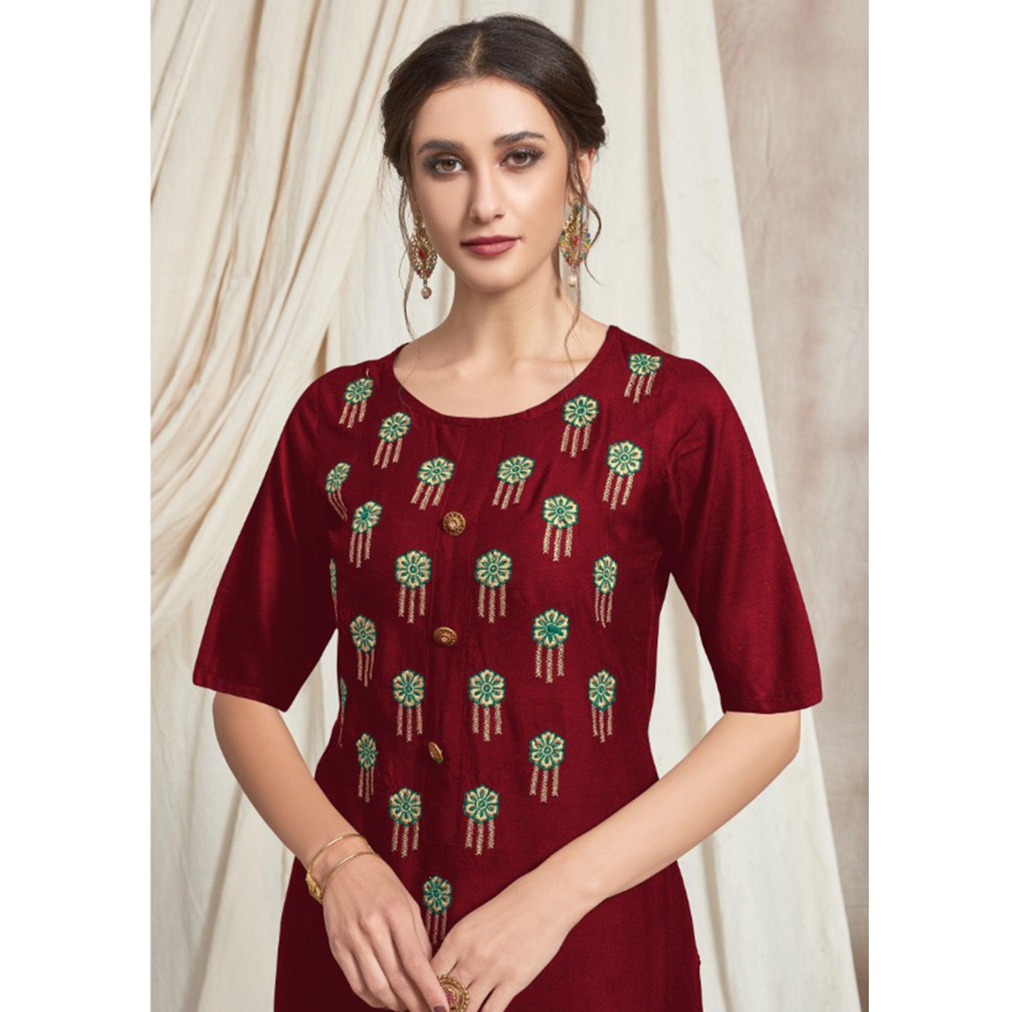Maroon Casual Wear Embroidered Rayon Kurti-Palazzo Set - Peachmode