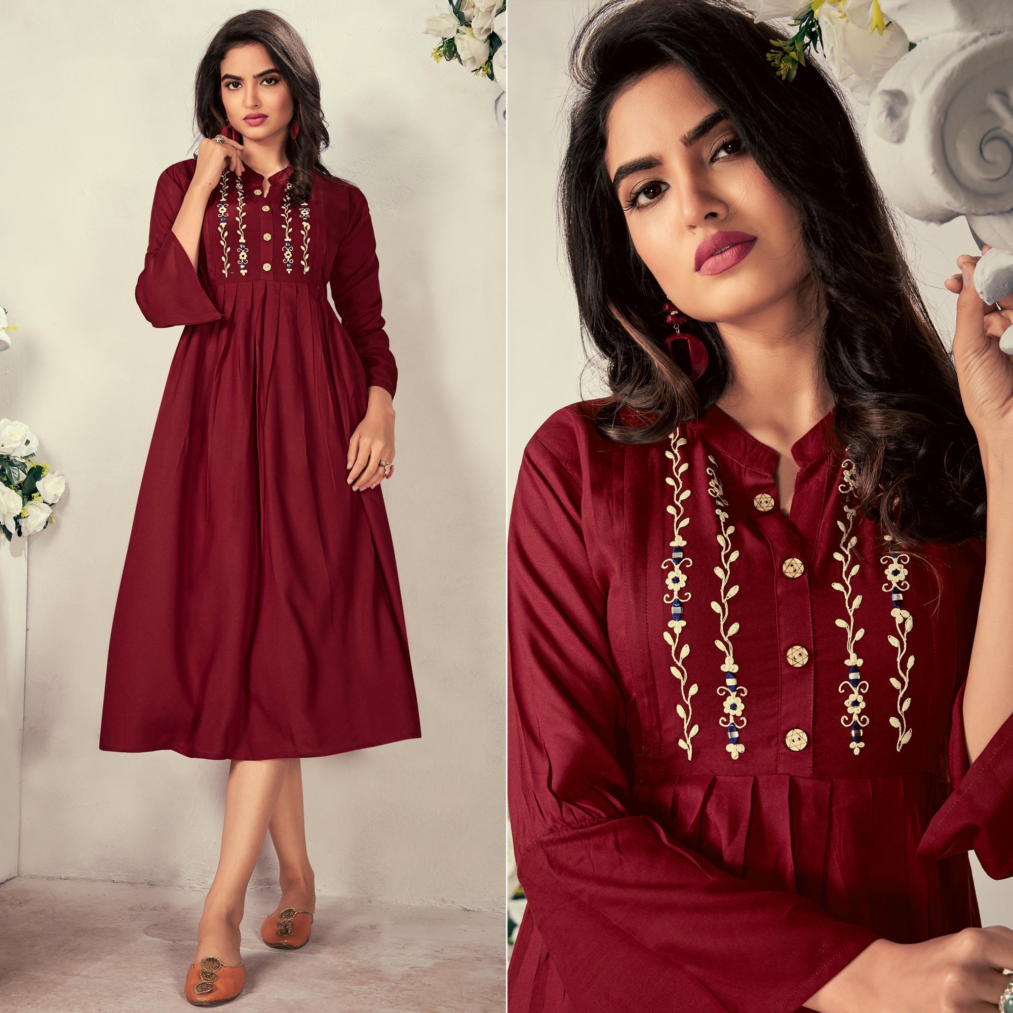 Maroon Casual Wear Embroidered Rayon Maternity Kurti - Peachmode