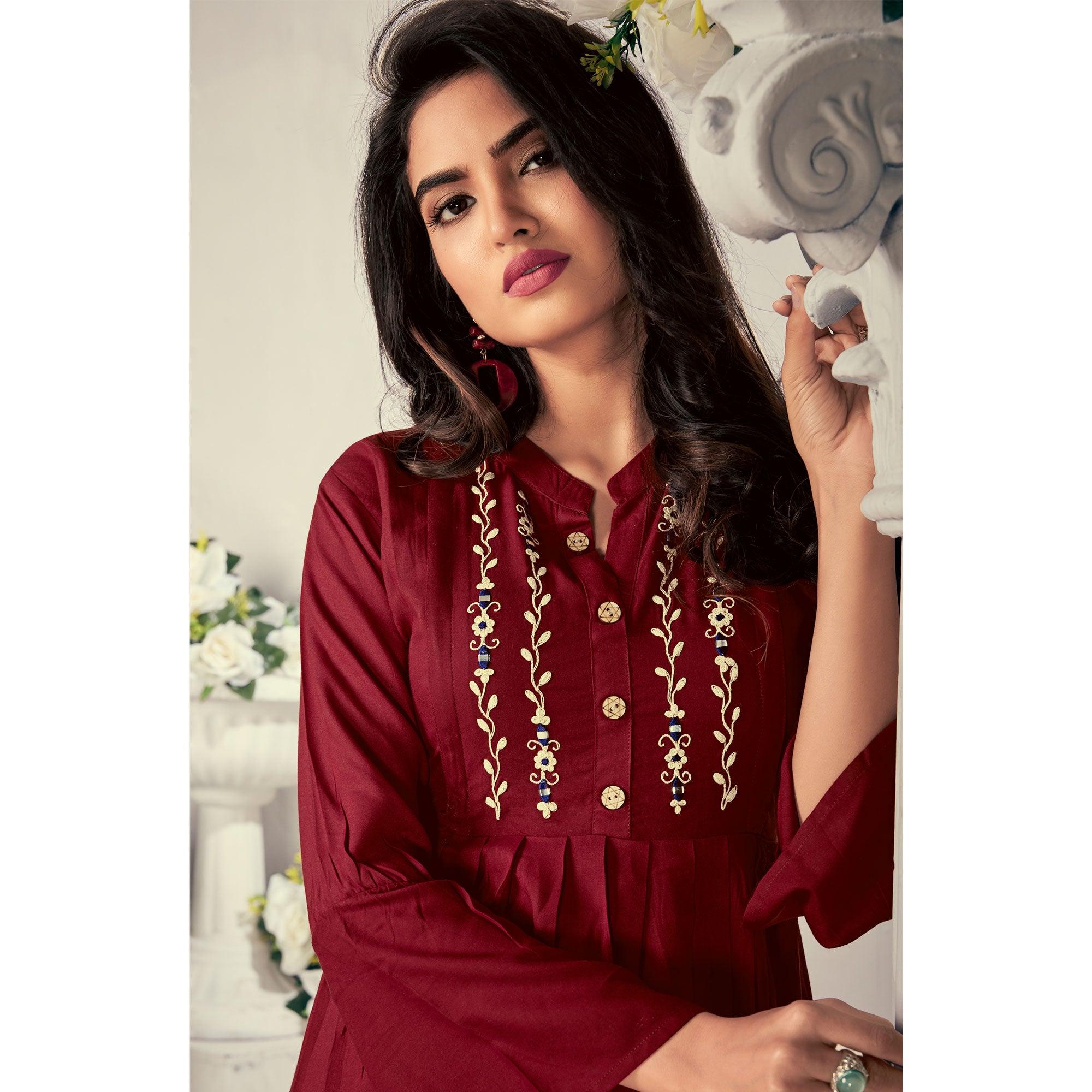 Maroon Casual Wear Embroidered Rayon Maternity Kurti - Peachmode