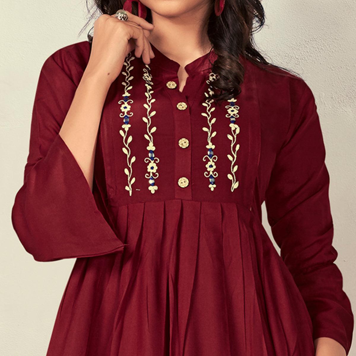 Maroon Casual Wear Embroidered Rayon Maternity Kurti - Peachmode