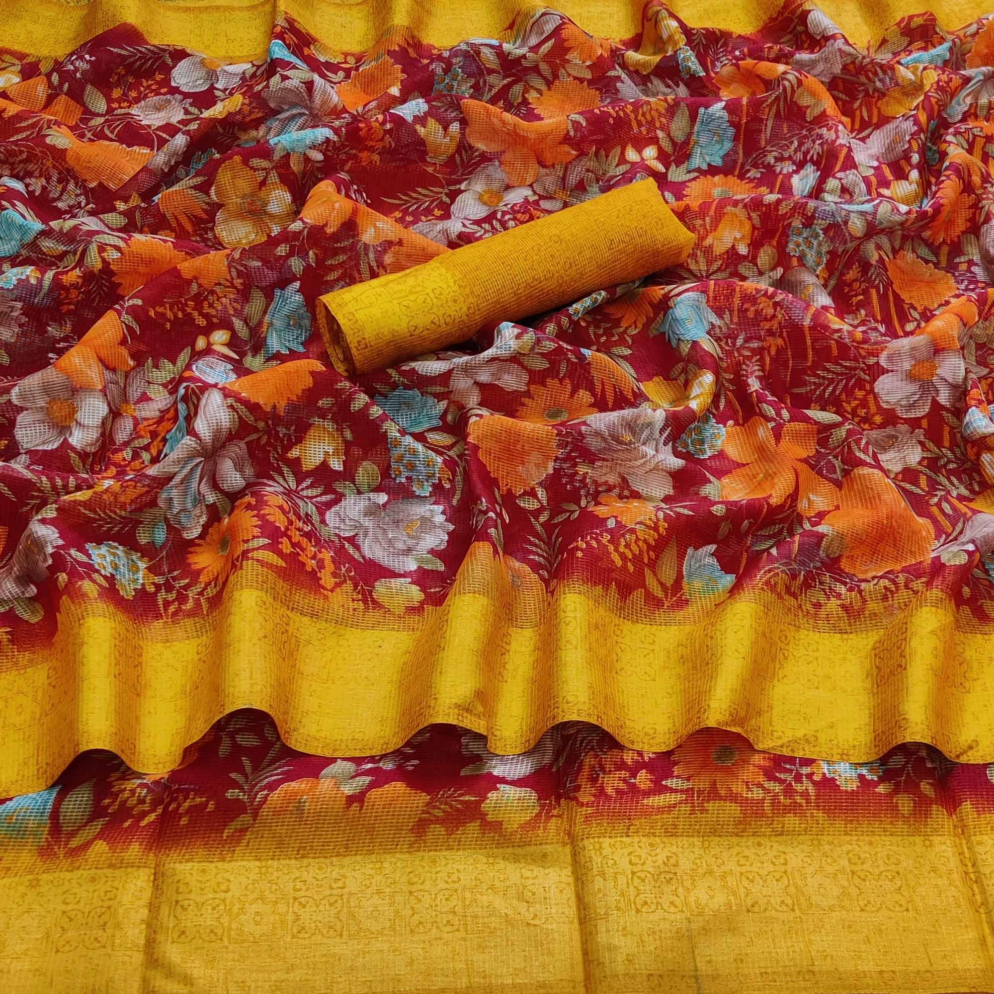 Maroon Casual Wear Floral Digital Printed linen Saree - Peachmode