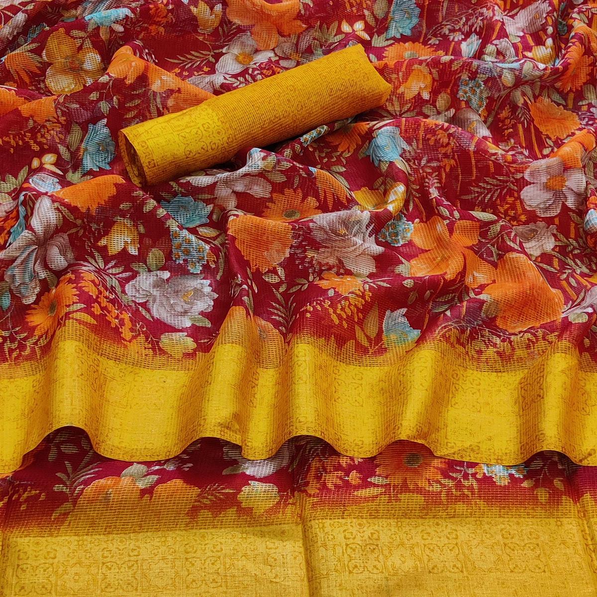 Maroon Casual Wear Floral Digital Printed linen Saree - Peachmode
