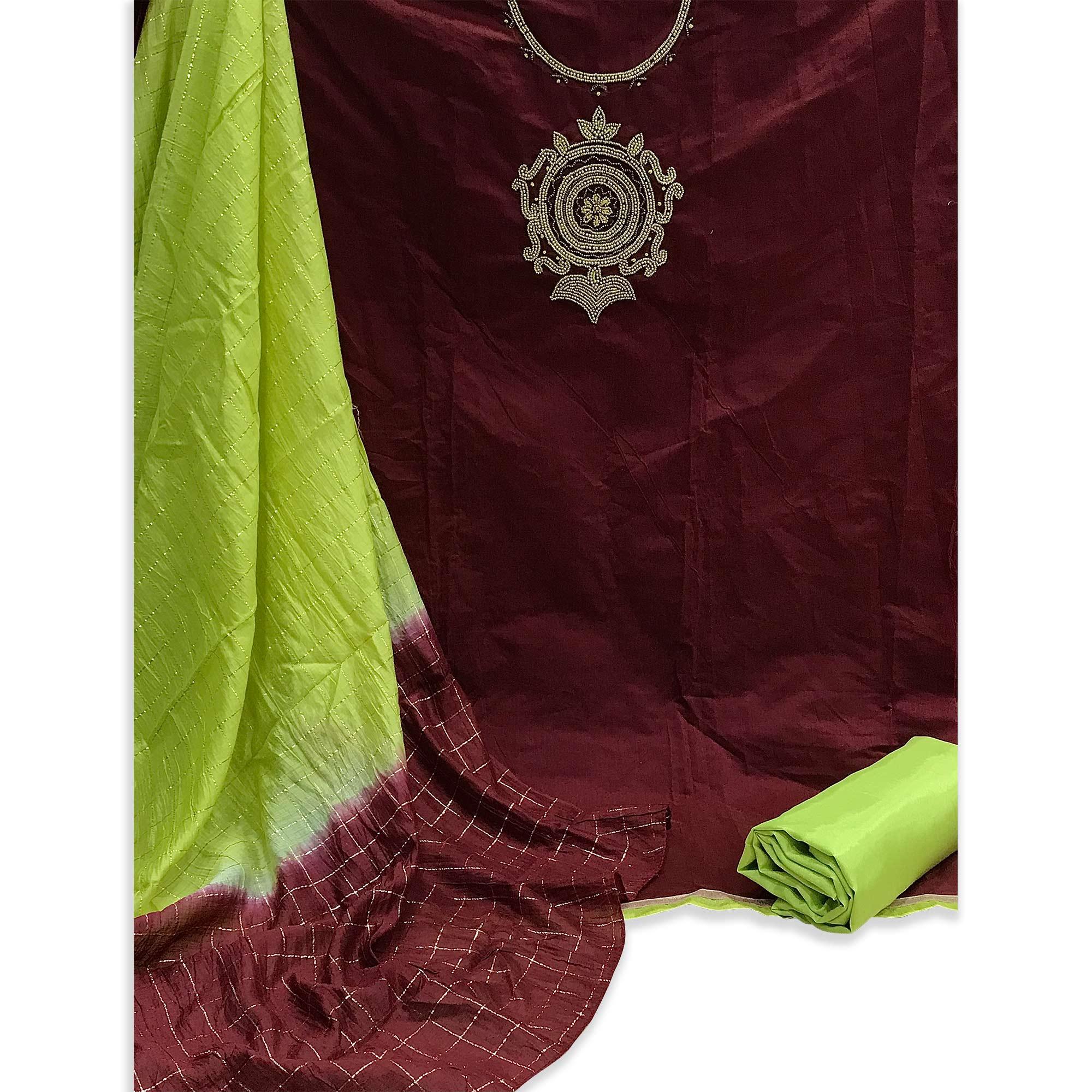 Maroon Casual Wear Floral embellished Handwork Chanderi Dress Material - Peachmode