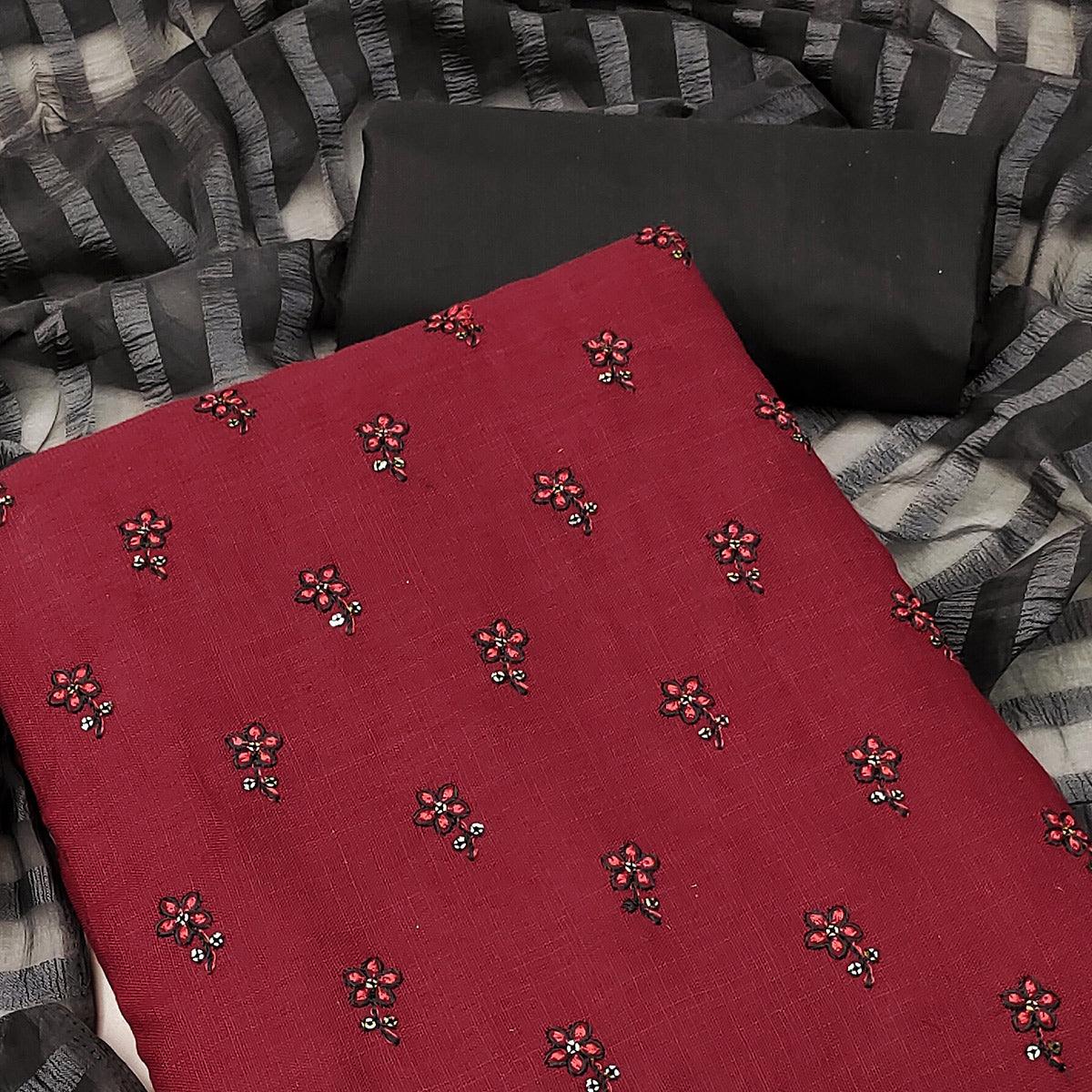Maroon Casual Wear Floral Embroidered Cotton Dress Material - Peachmode