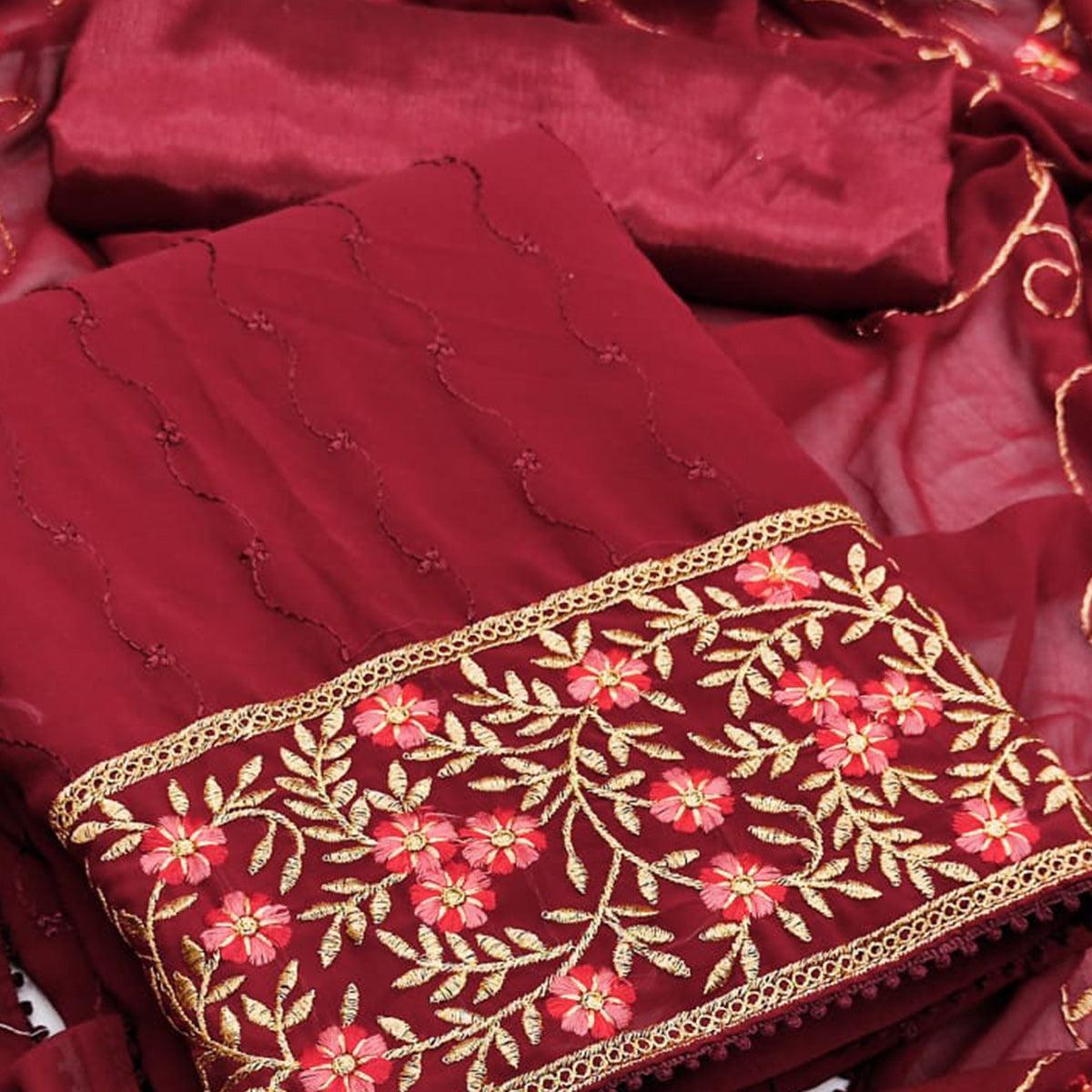 Maroon Casual Wear Floral Embroidered Georgette Dress Material - Peachmode