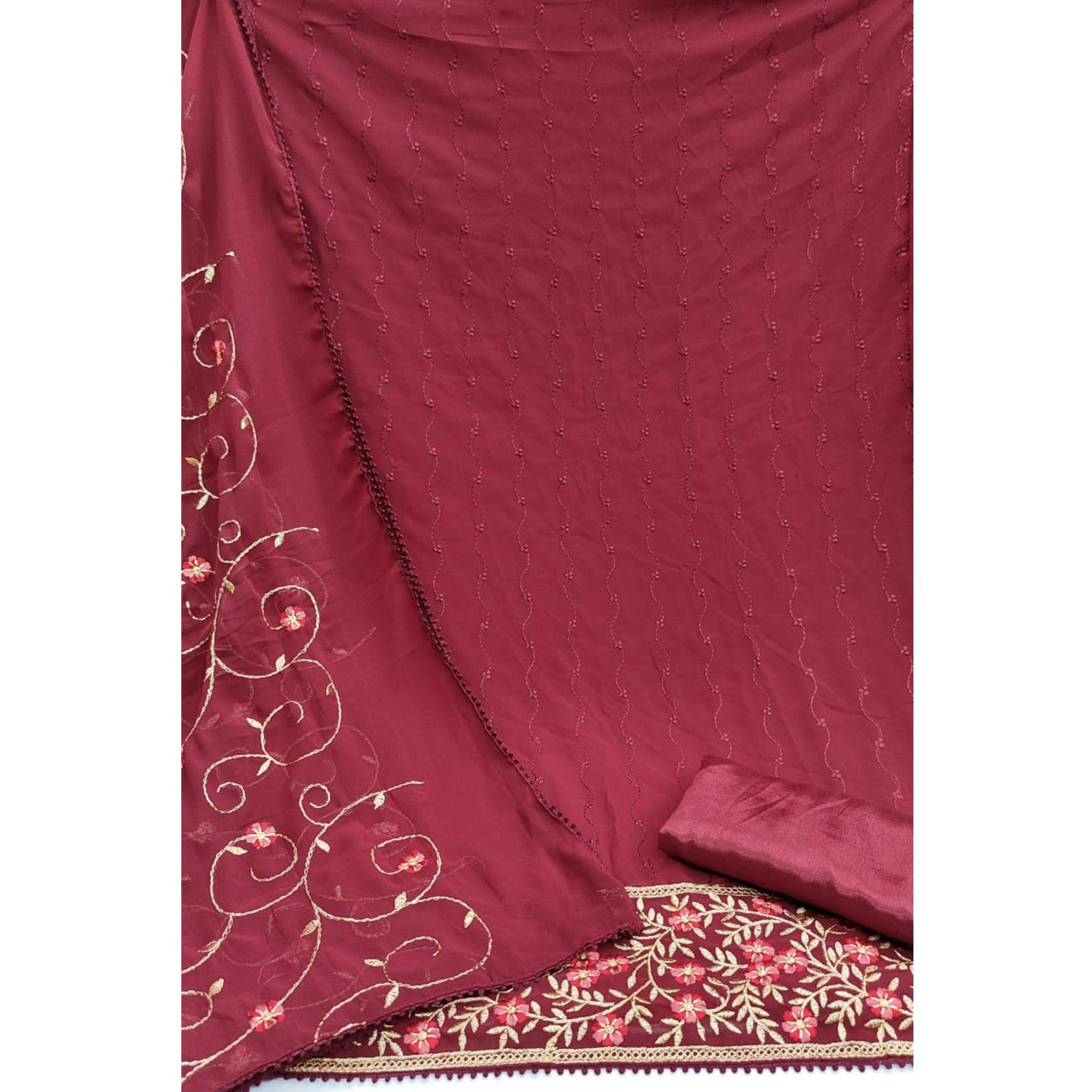 Maroon Casual Wear Floral Embroidered Georgette Dress Material - Peachmode
