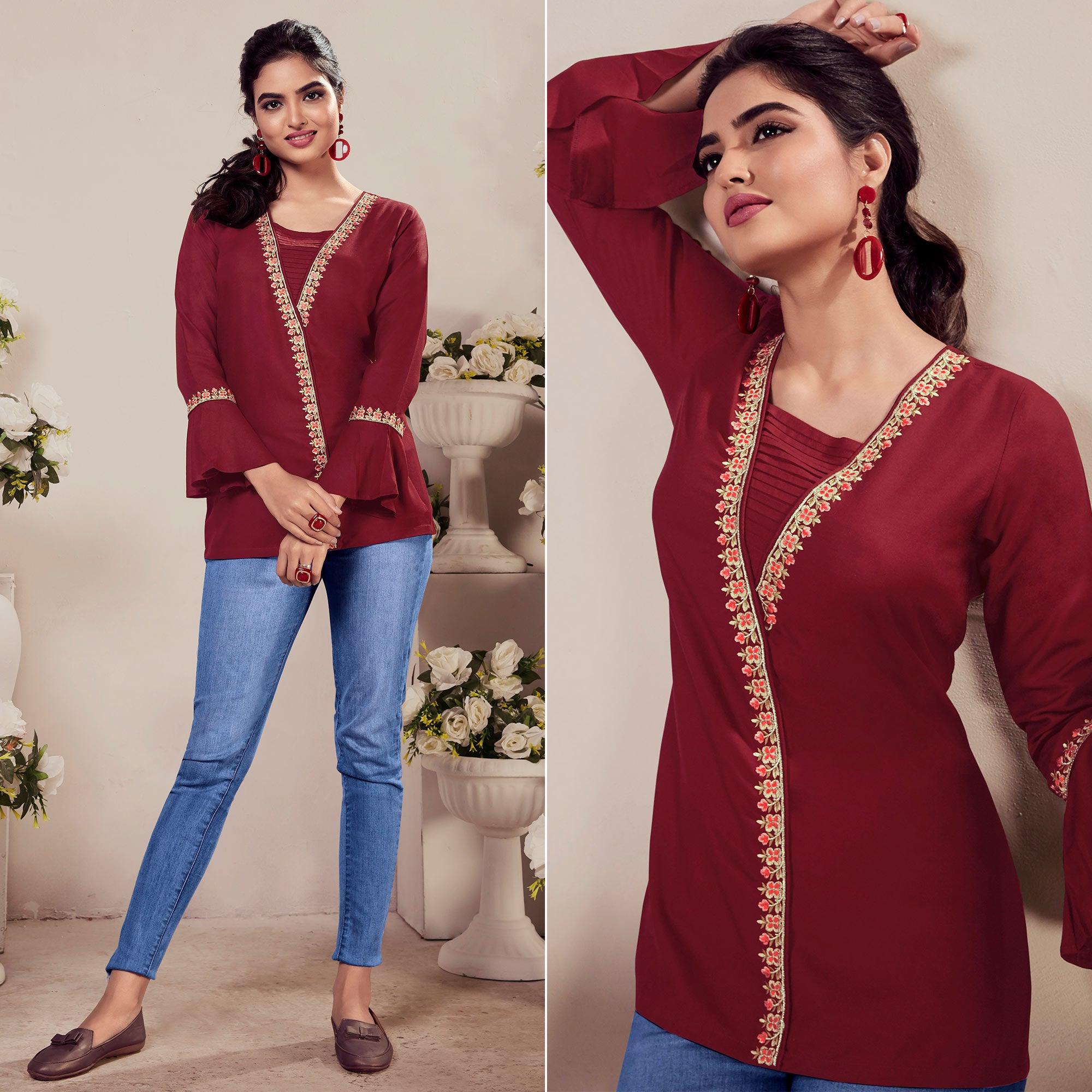 Maroon Casual Wear Floral Embroidered Rayon Top - Peachmode