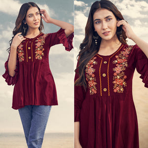 Maroon Casual Wear Floral Embroidered Rayon Top - Peachmode