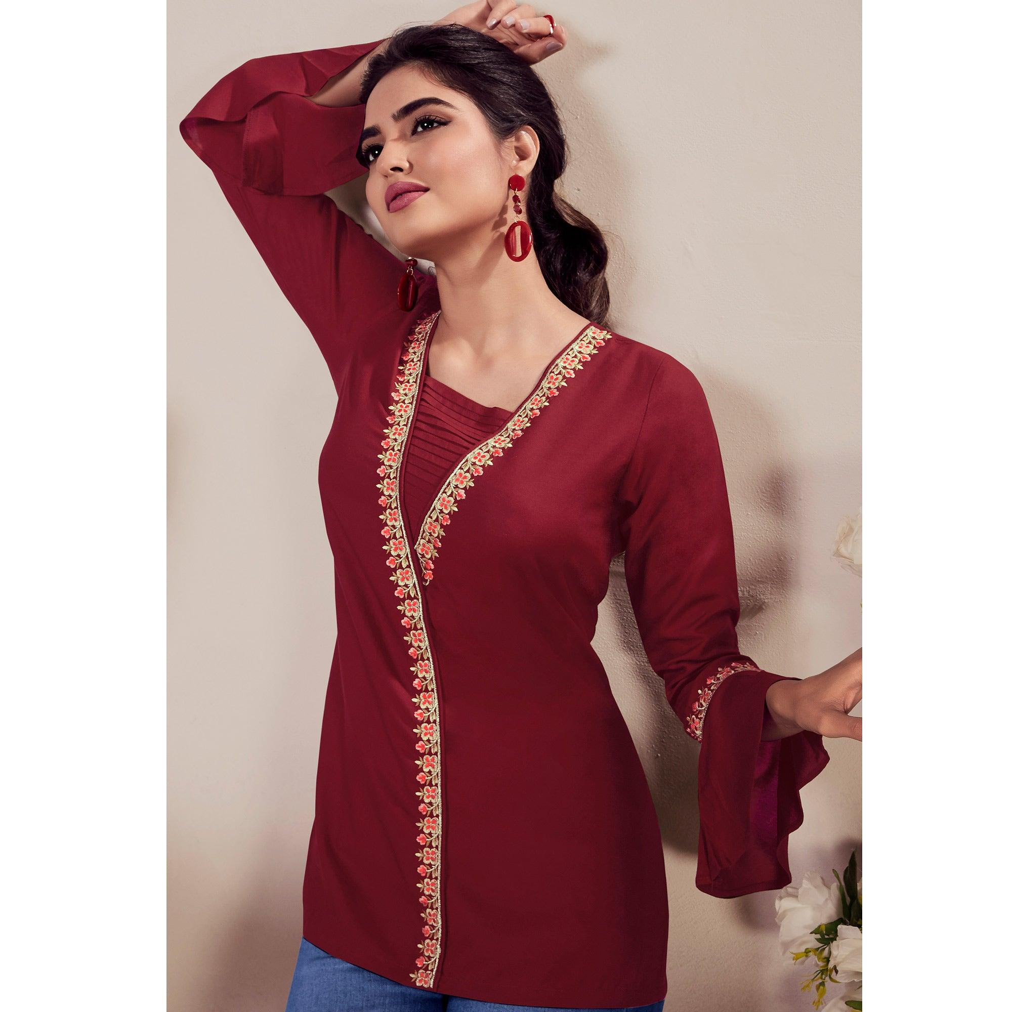 Maroon Casual Wear Floral Embroidered Rayon Top - Peachmode