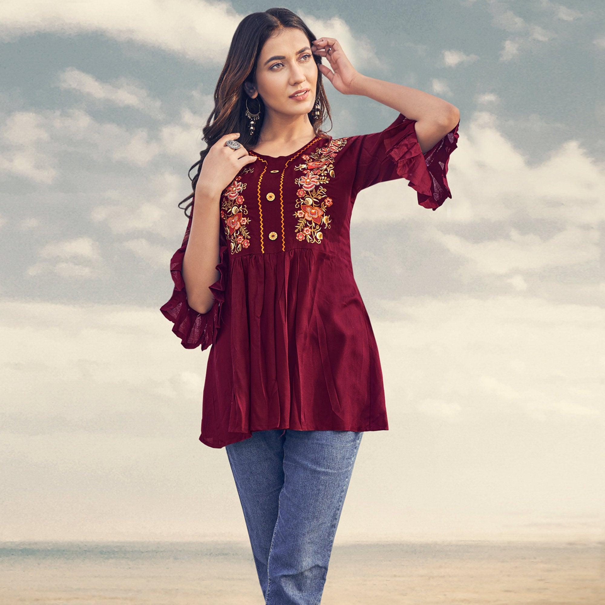 Maroon Casual Wear Floral Embroidered Rayon Top - Peachmode