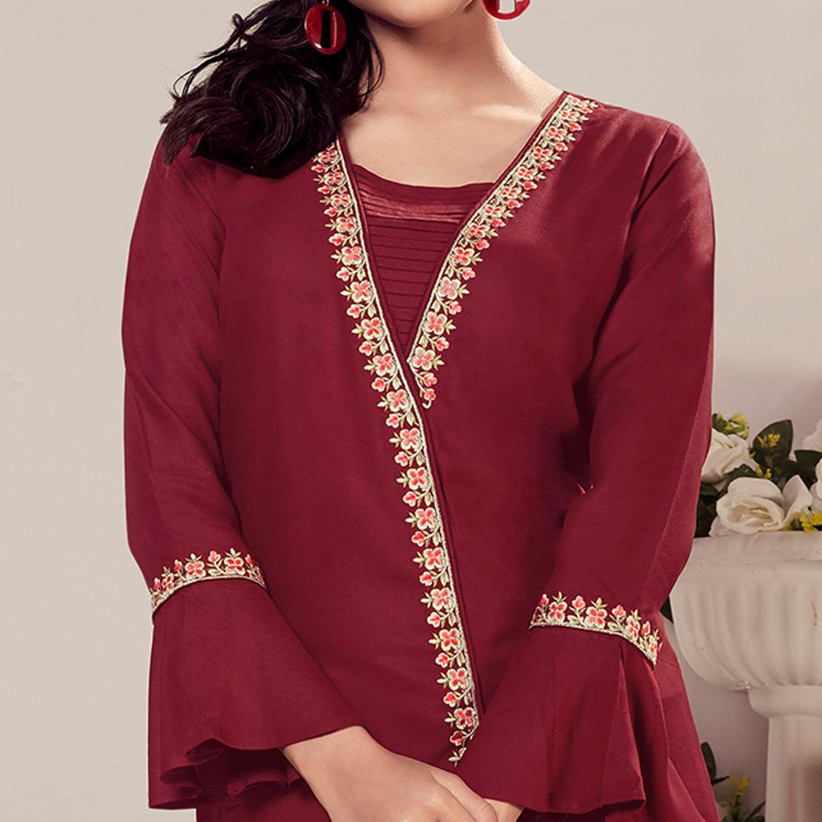 Maroon Casual Wear Floral Embroidered Rayon Top - Peachmode