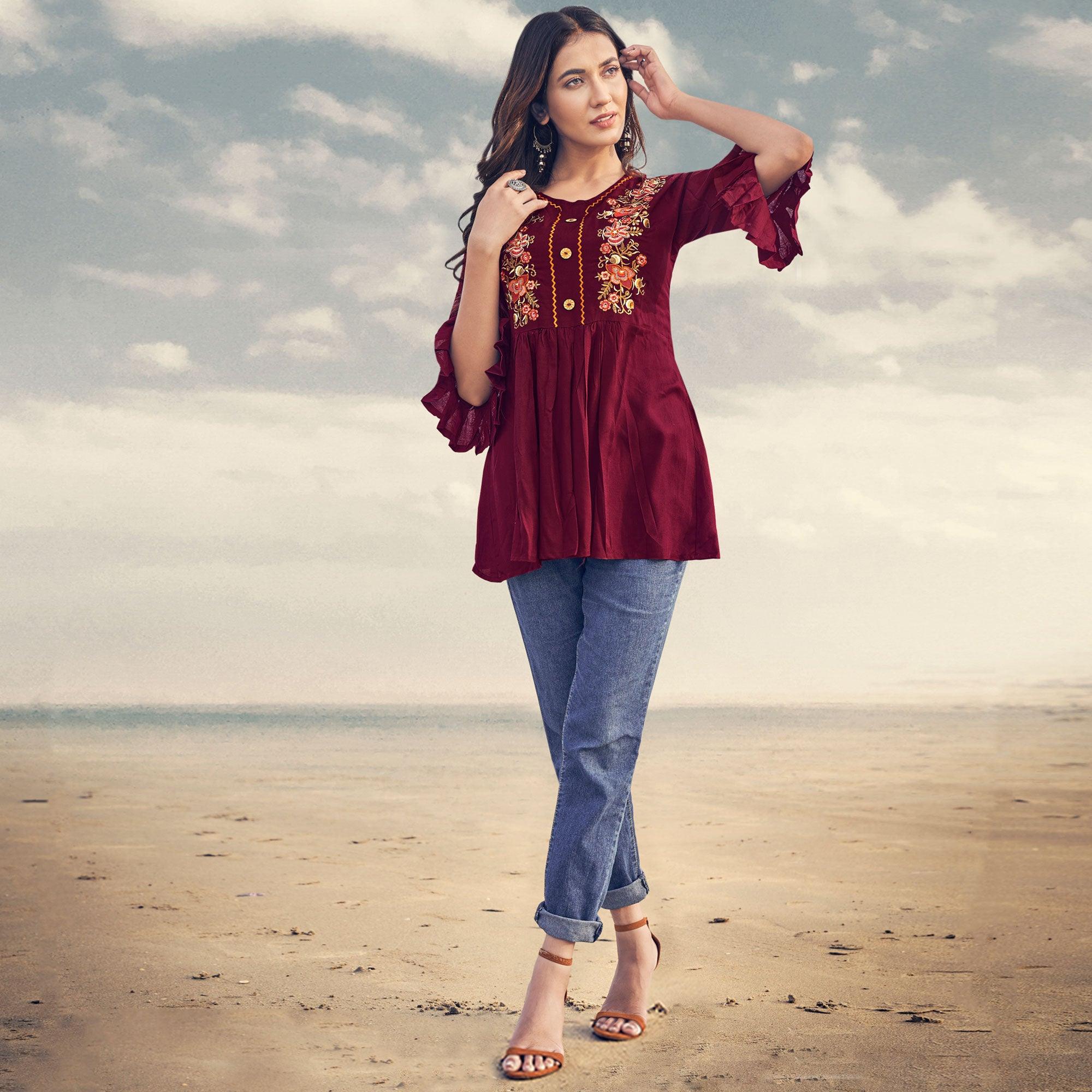 Maroon Casual Wear Floral Embroidered Rayon Top - Peachmode