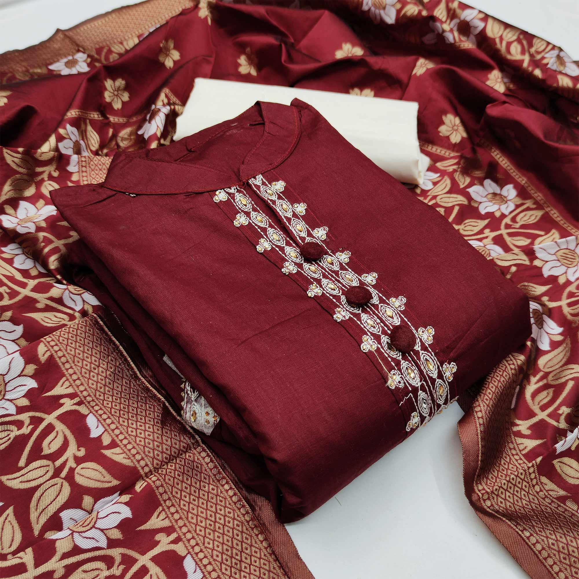 Maroon Casual Wear Floral Embroidery Cotton Dress Material - Peachmode