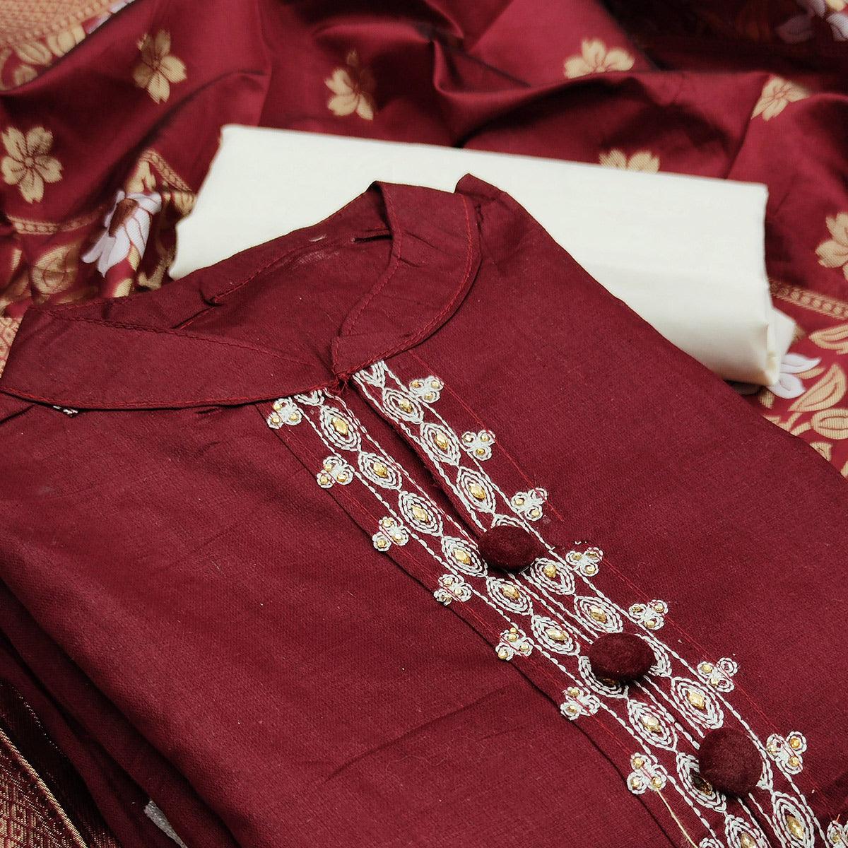 Maroon Casual Wear Floral Embroidery Cotton Dress Material - Peachmode