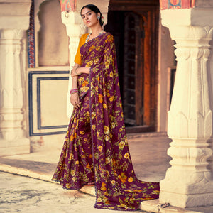 Maroon Casual Wear Floral Printed Alfino Saree With Fancy Diamond Lace - Peachmode