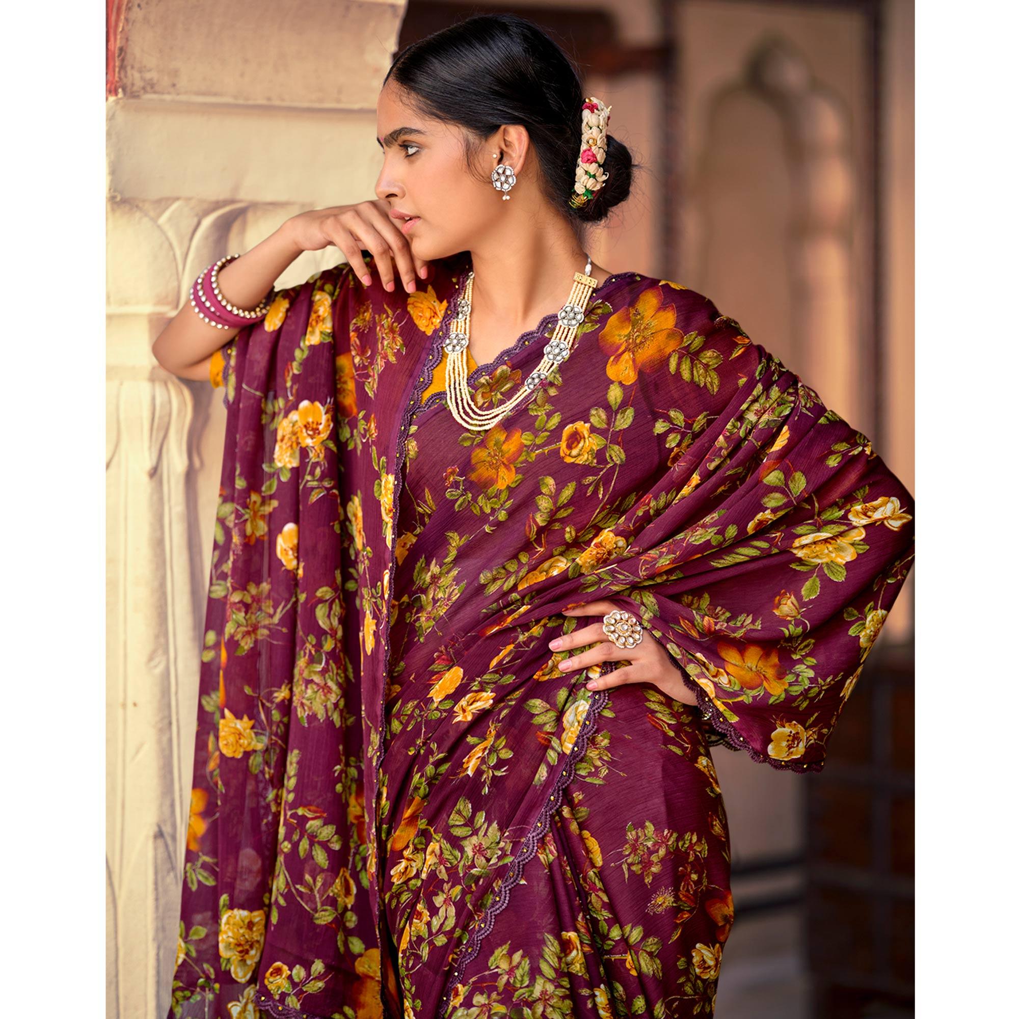 Maroon Casual Wear Floral Printed Alfino Saree With Fancy Diamond Lace - Peachmode