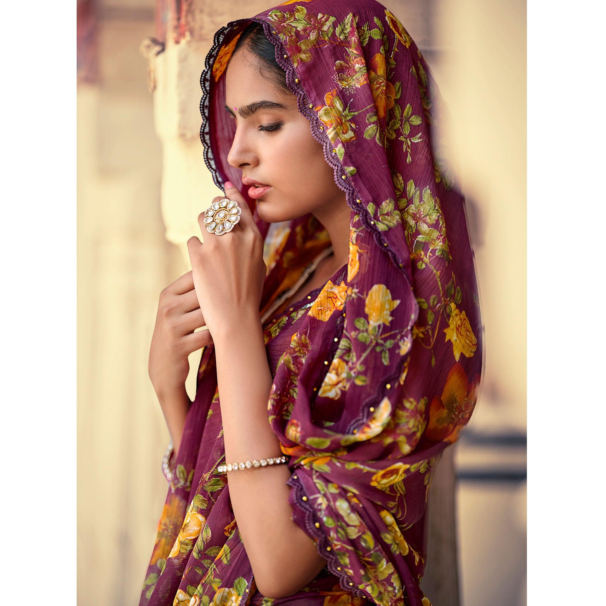 Maroon Casual Wear Floral Printed Alfino Saree With Fancy Diamond Lace - Peachmode