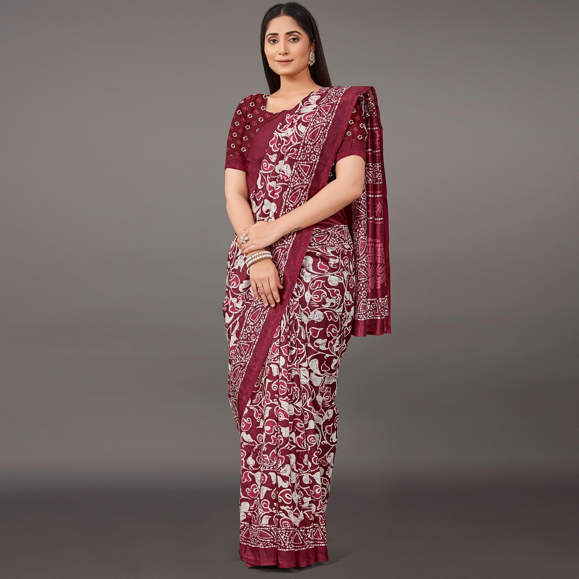 Maroon Casual Wear Floral Printed Art Silk Saree - Peachmode