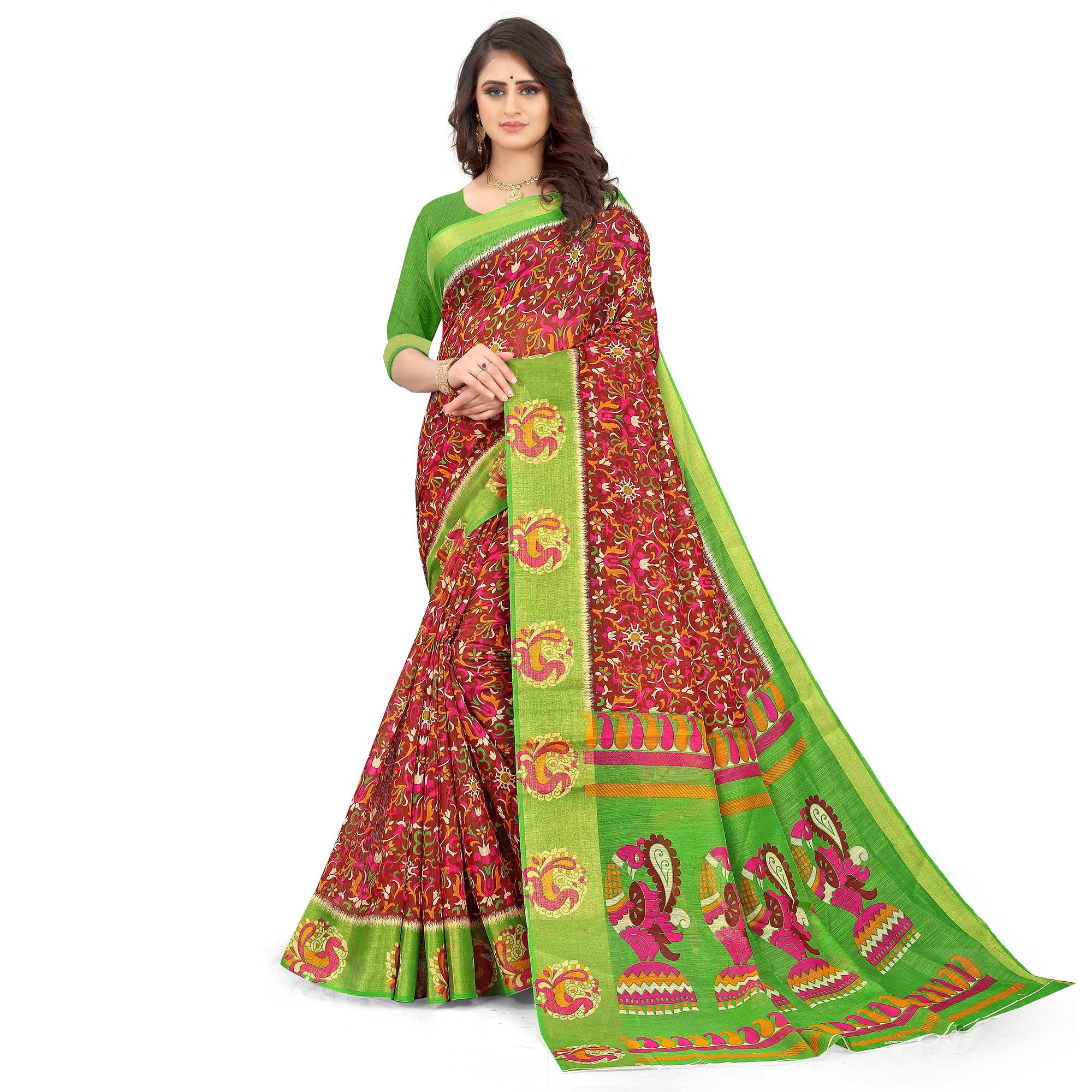 Maroon Casual Wear Floral Printed Cotton Linen Saree - Peachmode