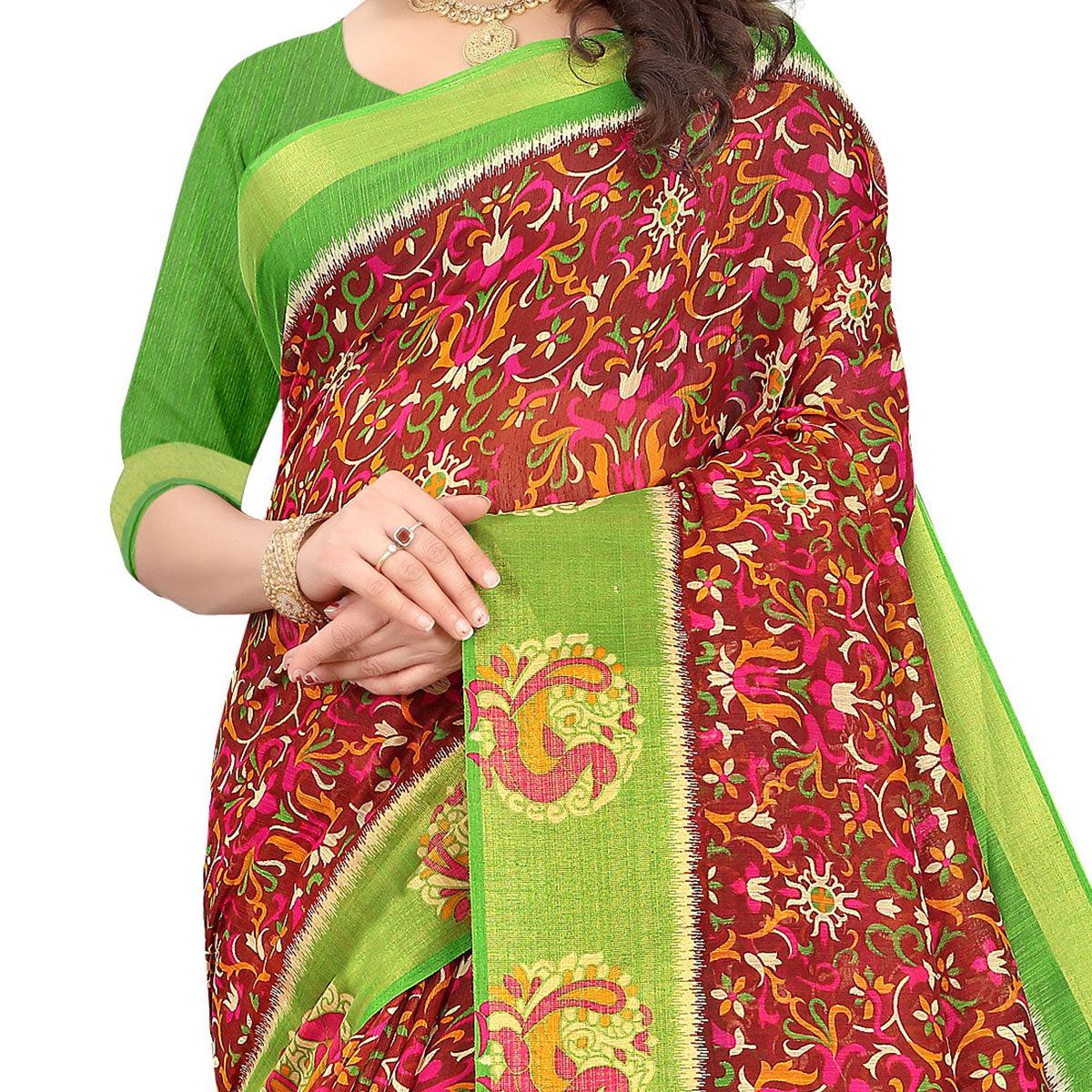 Maroon Casual Wear Floral Printed Cotton Linen Saree - Peachmode