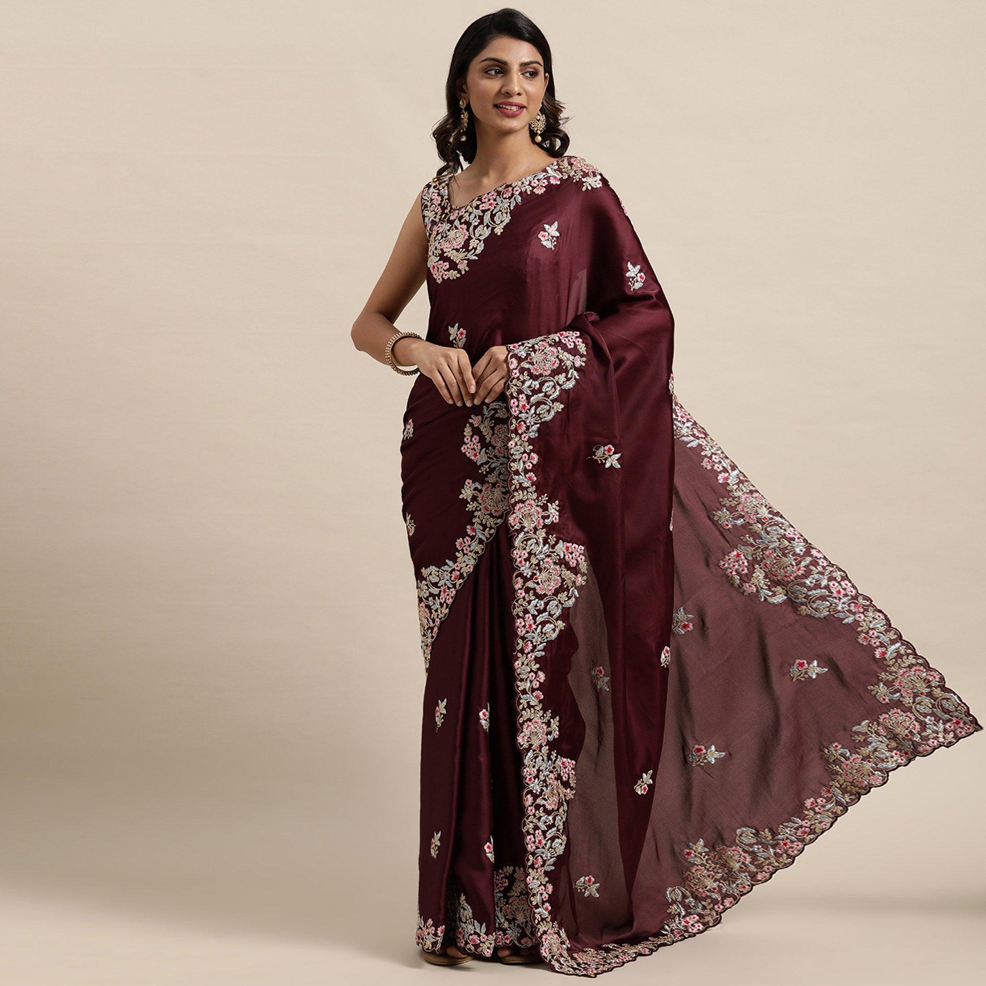 Maroon Casual Wear Floral Printed Silk Saree - Peachmode