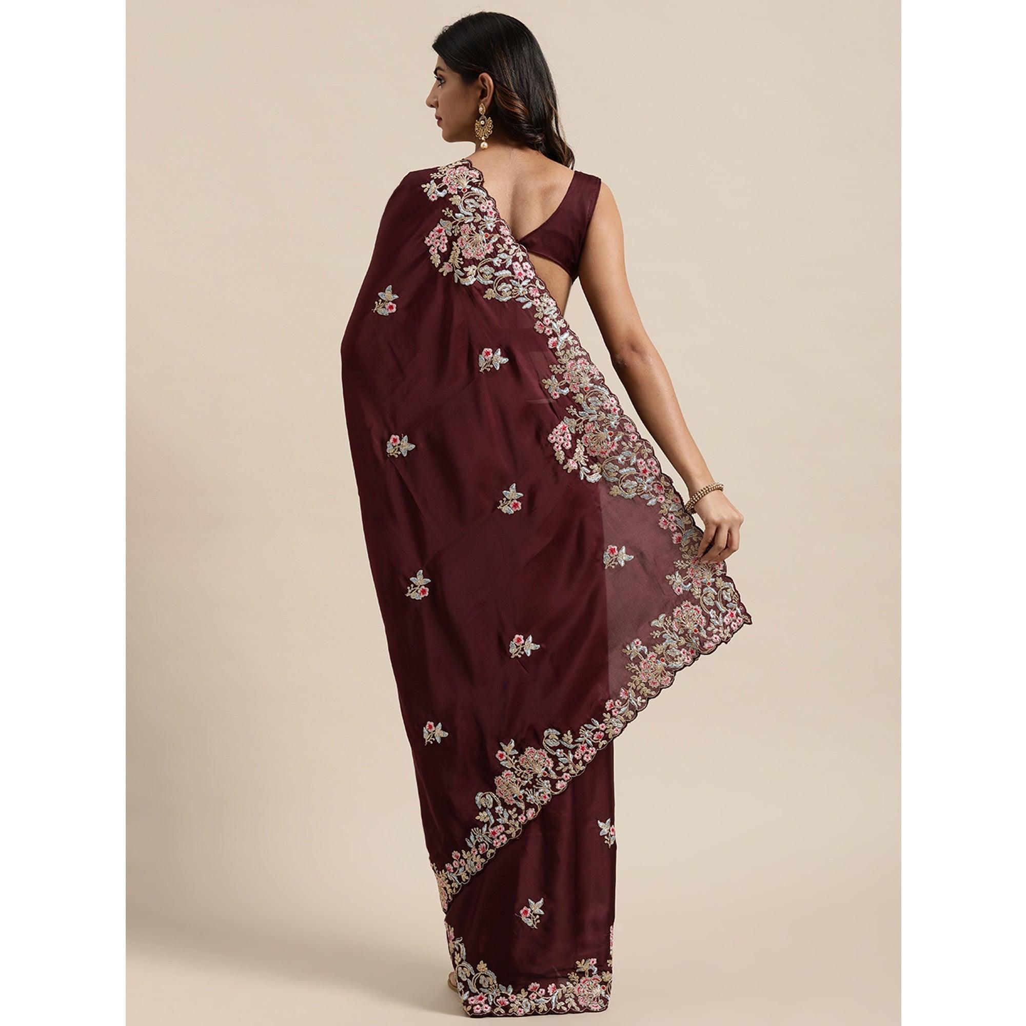 Maroon Casual Wear Floral Printed Silk Saree - Peachmode