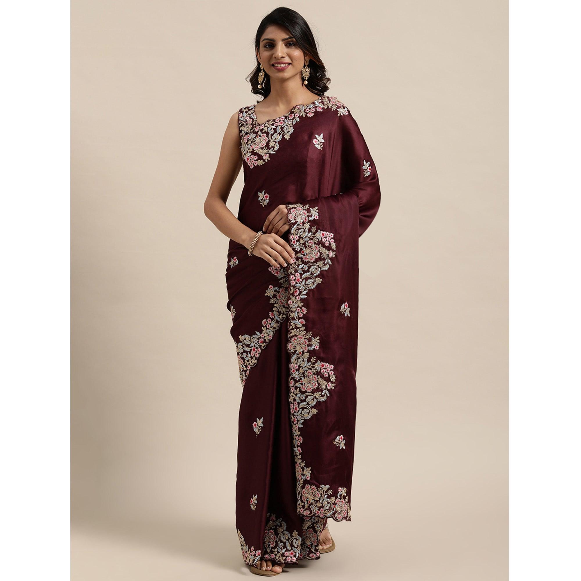 Maroon Casual Wear Floral Printed Silk Saree - Peachmode