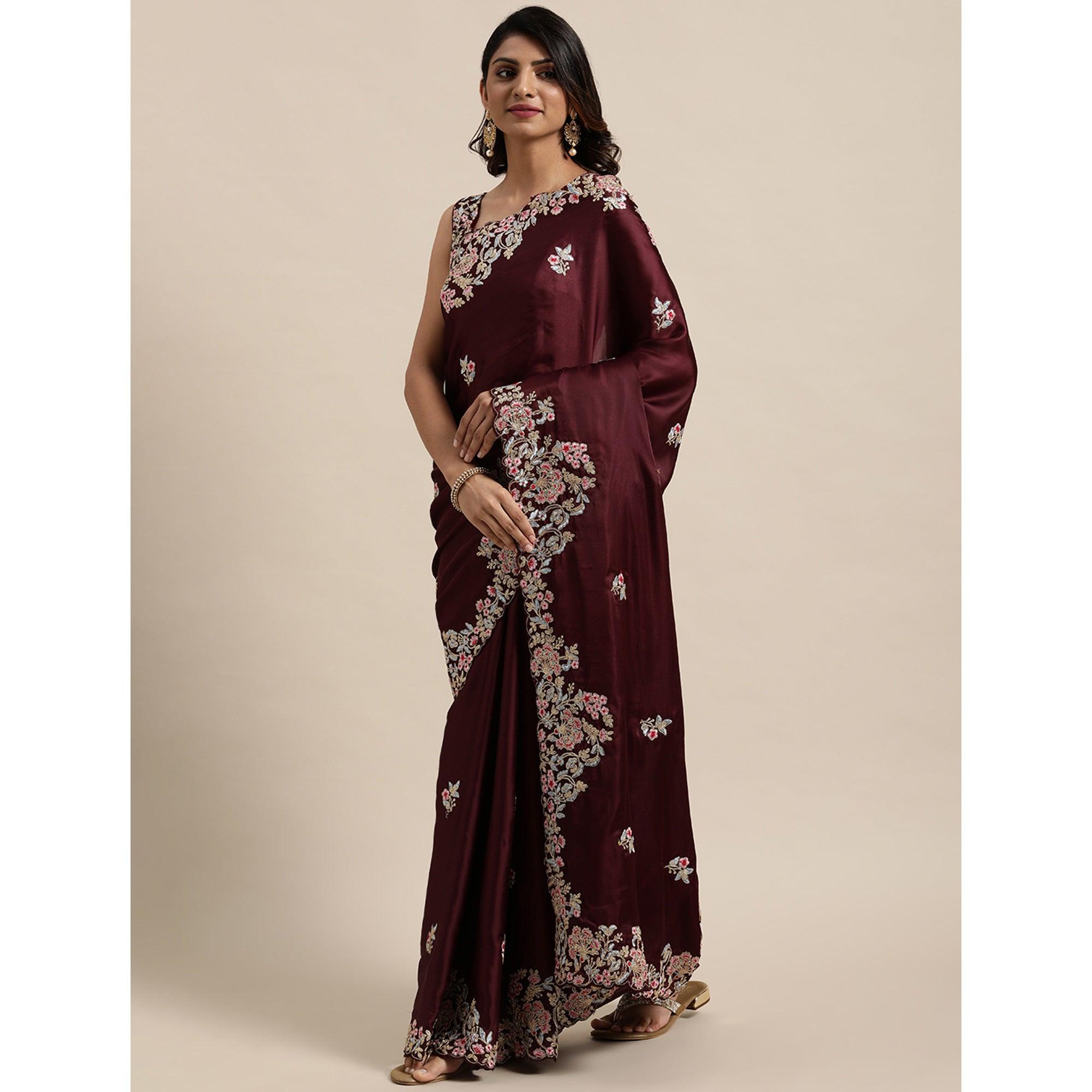 Maroon Casual Wear Floral Printed Silk Saree - Peachmode