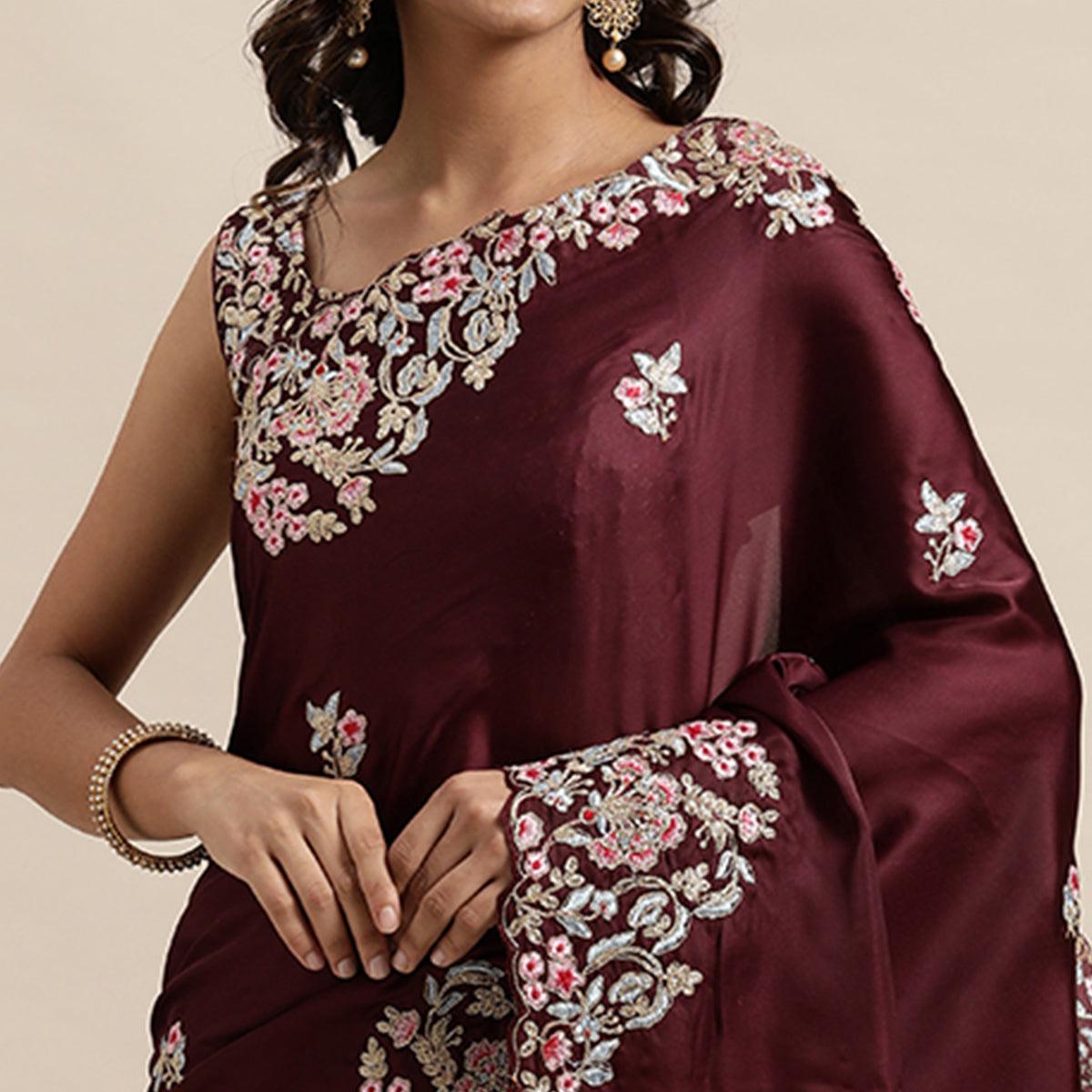 Maroon Casual Wear Floral Printed Silk Saree - Peachmode