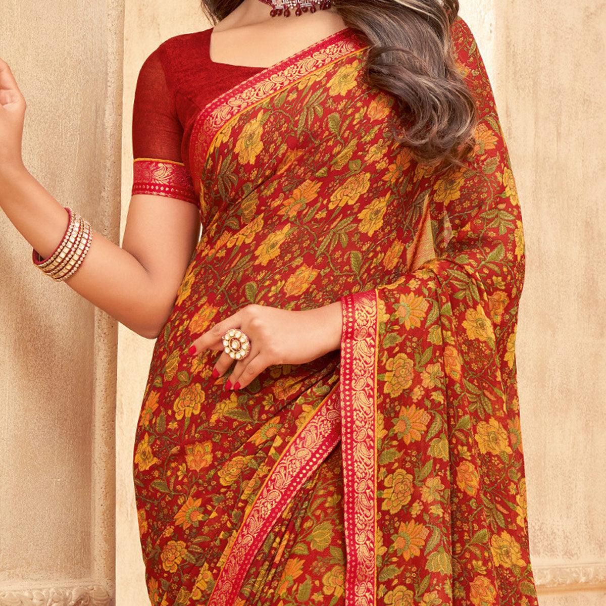 Maroon Casual Wear Floral Printed with Tassels Chiffon Saree - Peachmode