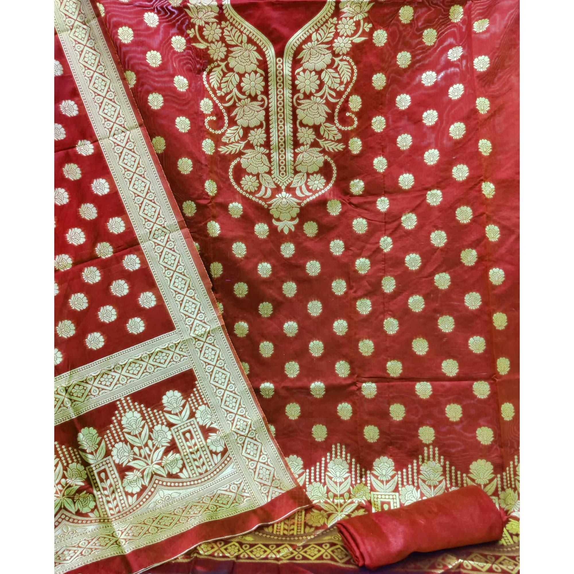 Maroon Casual Wear Floral Woven Banarasi Silk Dress Material - Peachmode