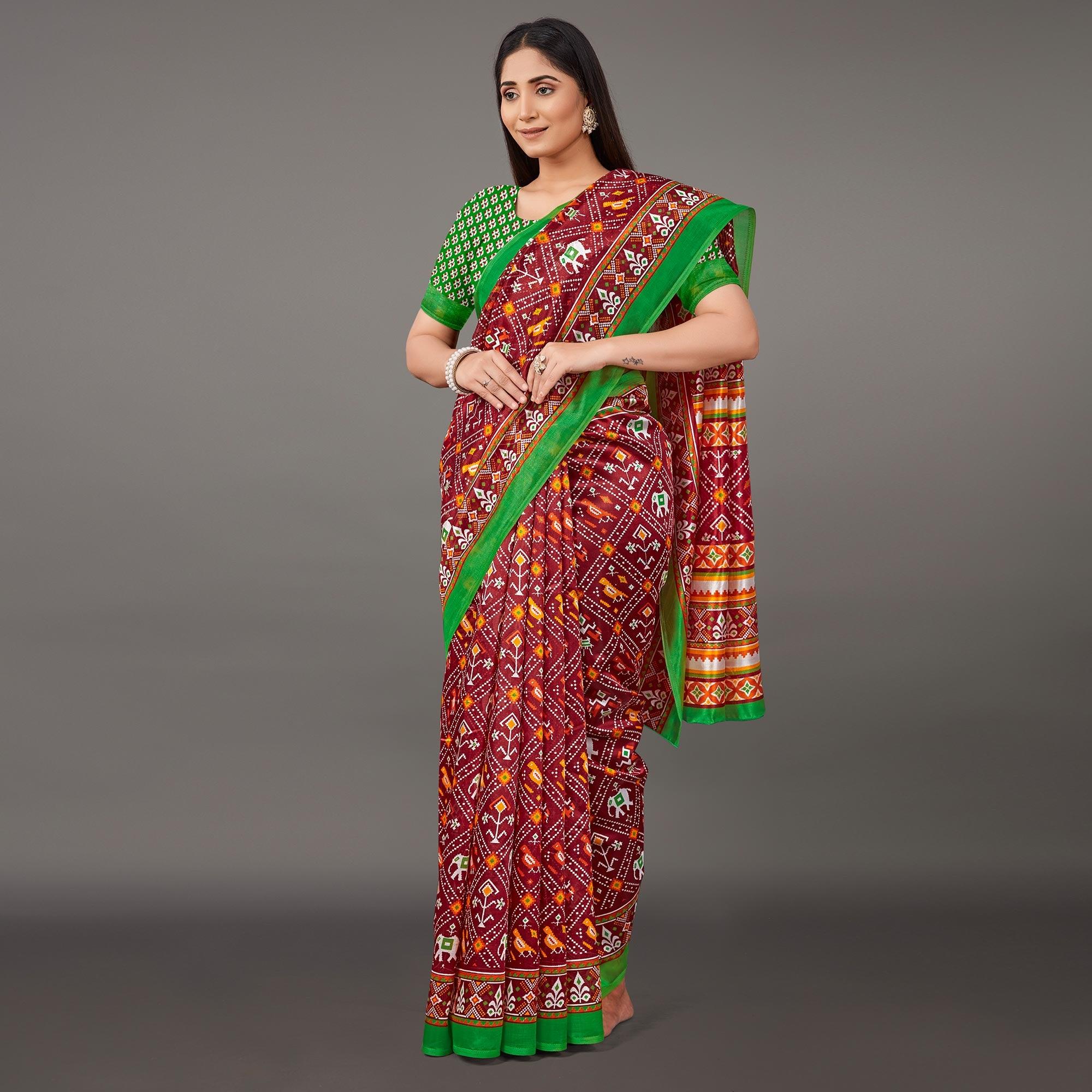 Maroon Casual Wear Geometric Printed Art Silk Saree - Peachmode