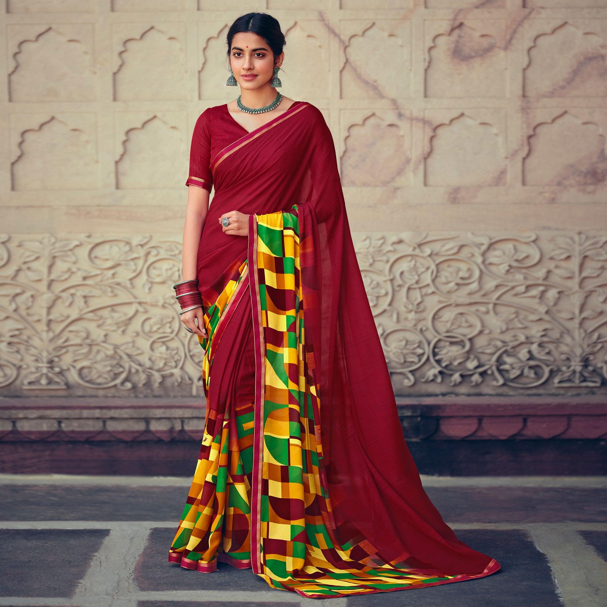 Maroon Casual Wear Geometric Printed Heavy Micro Saree - Peachmode
