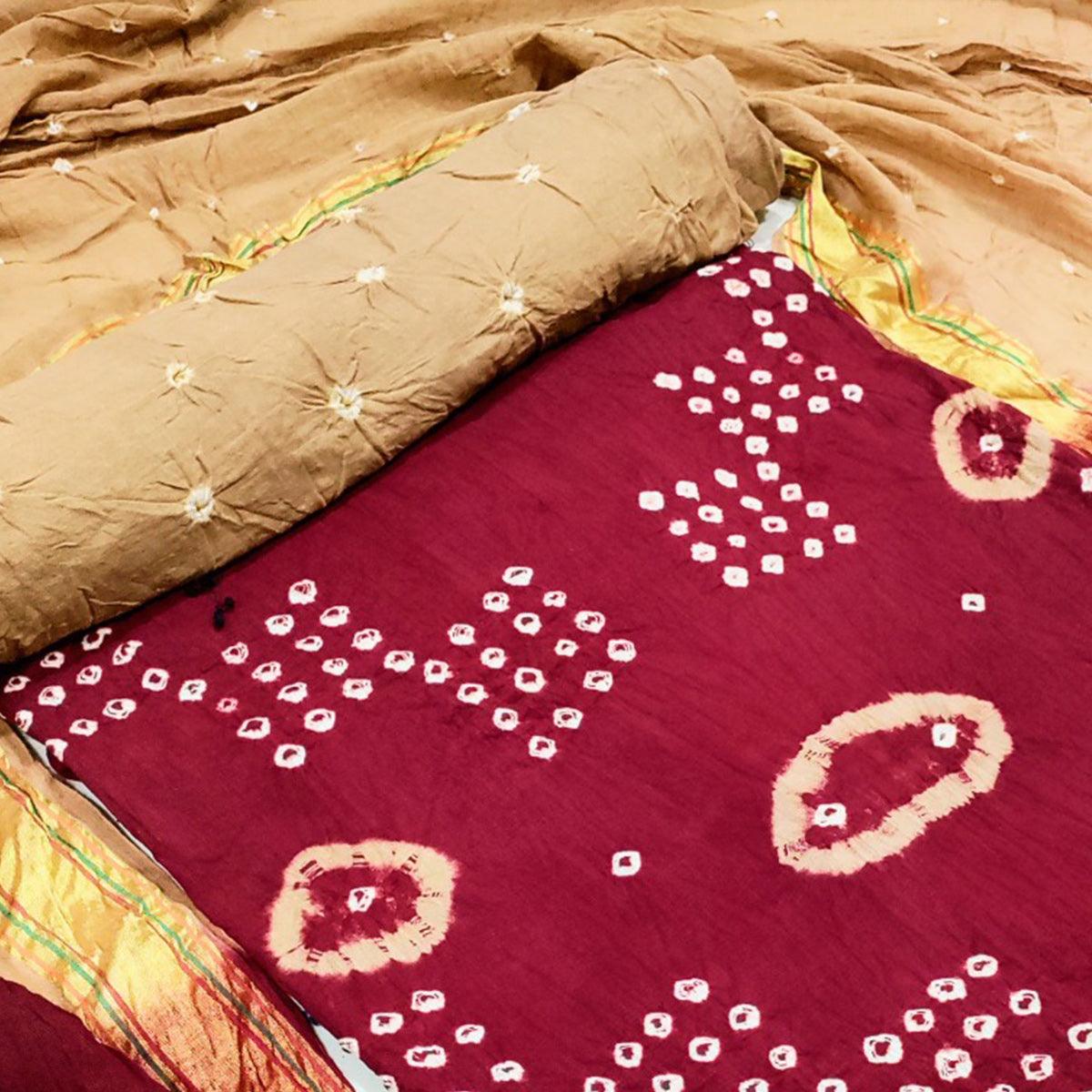 Maroon Casual Wear Hand Bandhej Cotton Dress Material - Peachmode