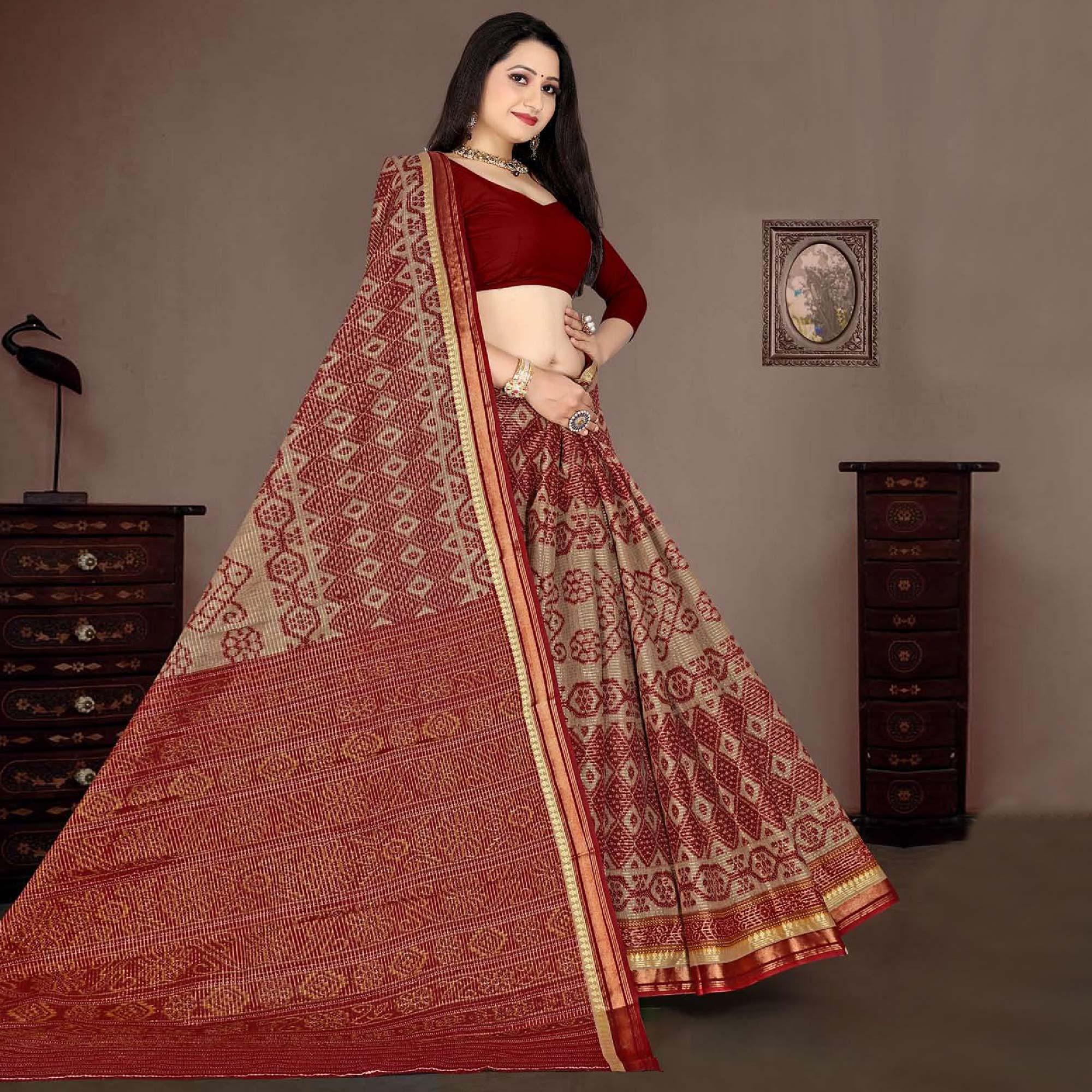 Maroon Casual Wear Ikkat Printed Cotton Silk Saree - Peachmode