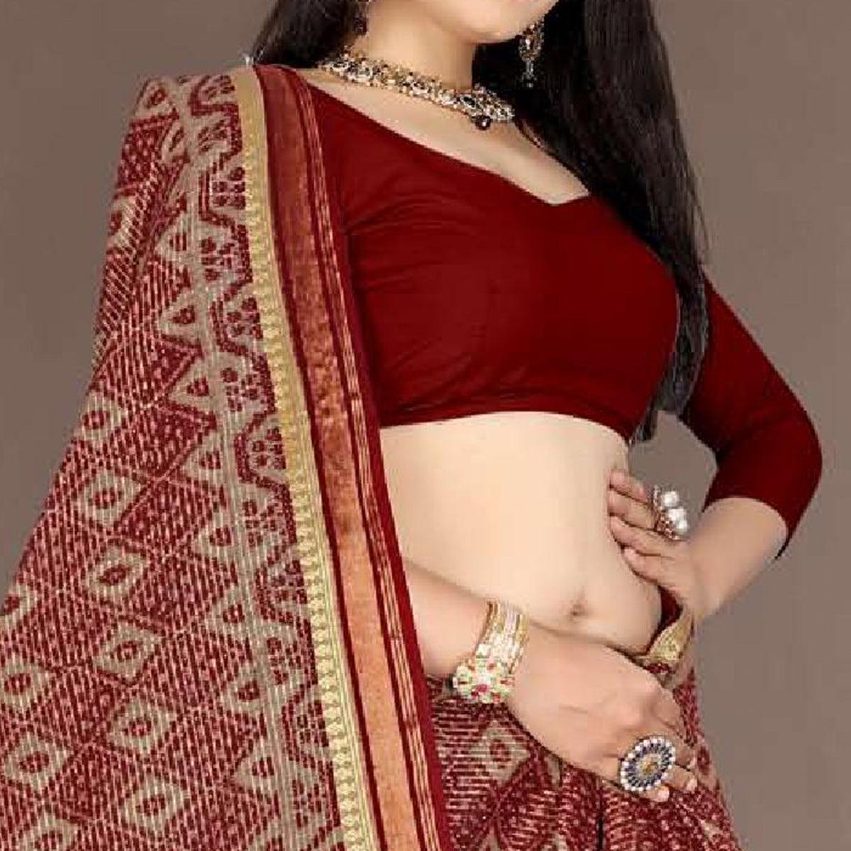 Maroon Casual Wear Ikkat Printed Cotton Silk Saree - Peachmode