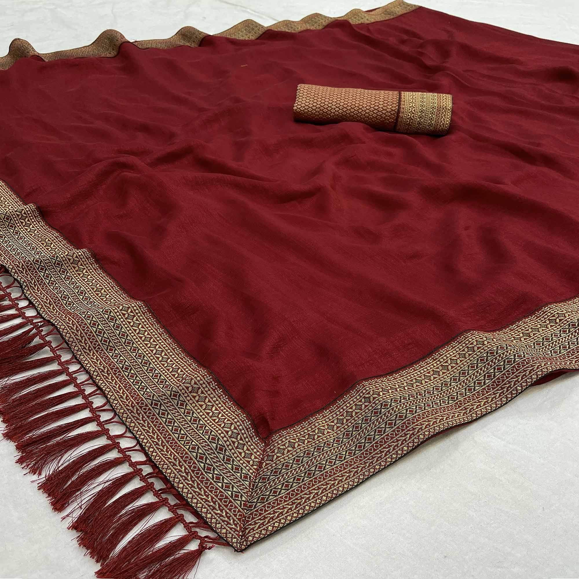 Maroon Casual Wear Jacquard Lace Border Silk Saree With Tassels - Peachmode