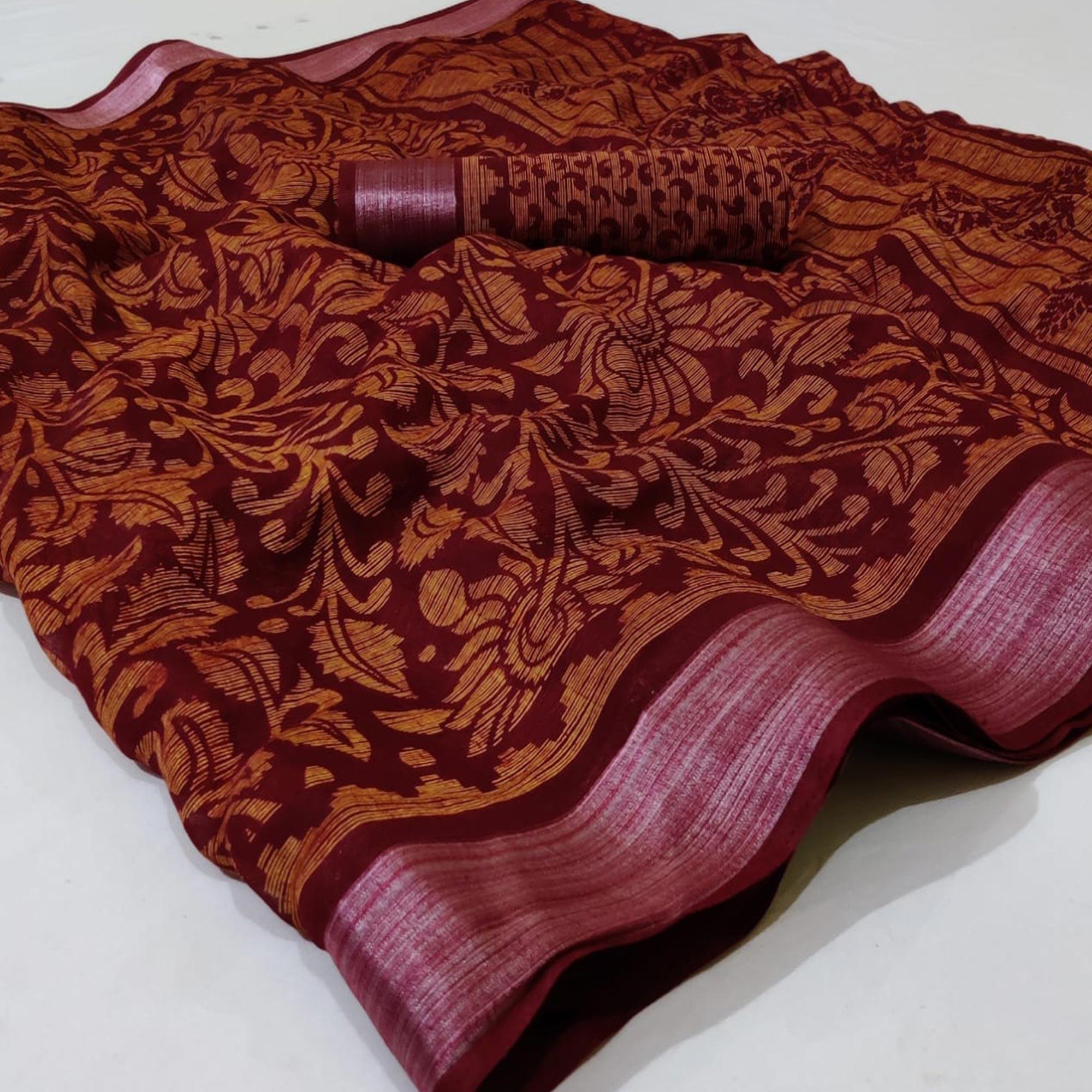 Maroon Casual Wear Mill Printed Linen Cotton Saree With Silver Zari Border - Peachmode
