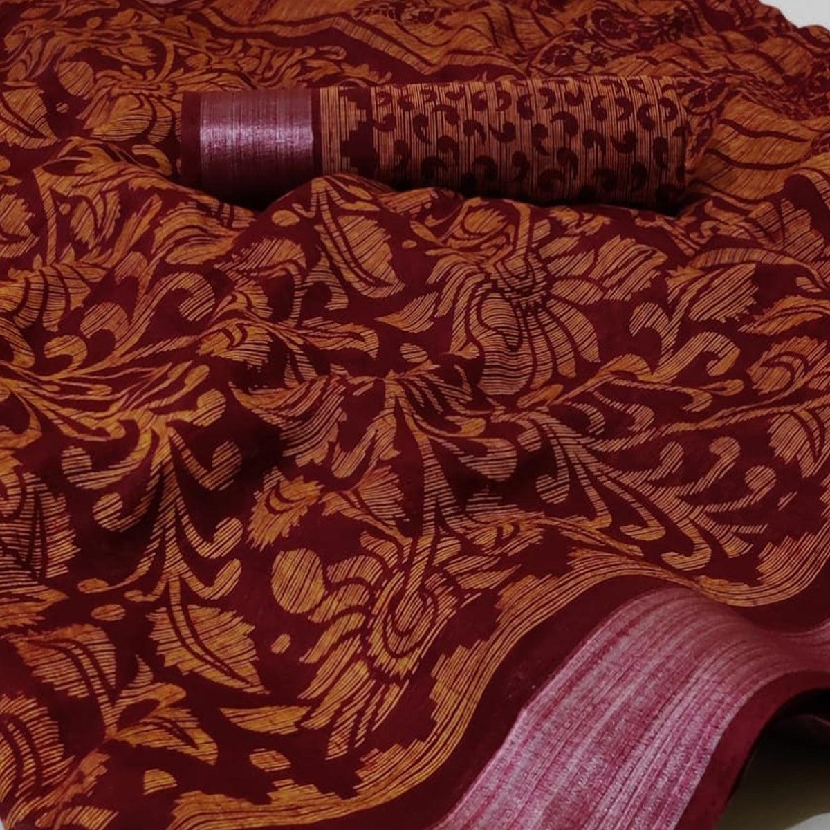 Maroon Casual Wear Mill Printed Linen Cotton Saree With Silver Zari Border - Peachmode