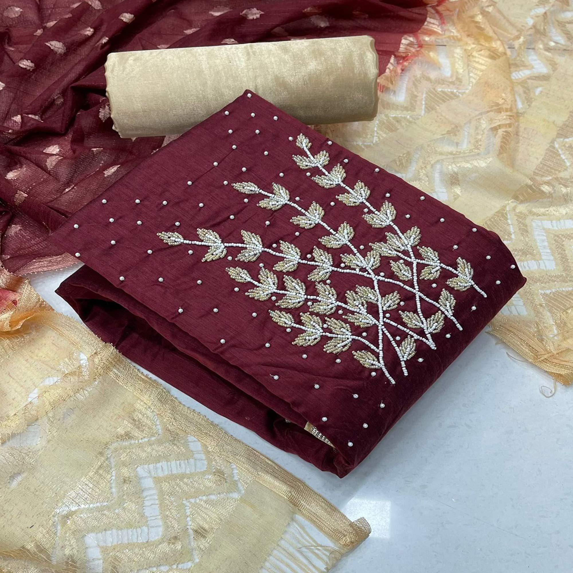 Maroon Casual Wear Pearl Handwork Modal Silk  Dress Material - Peachmode