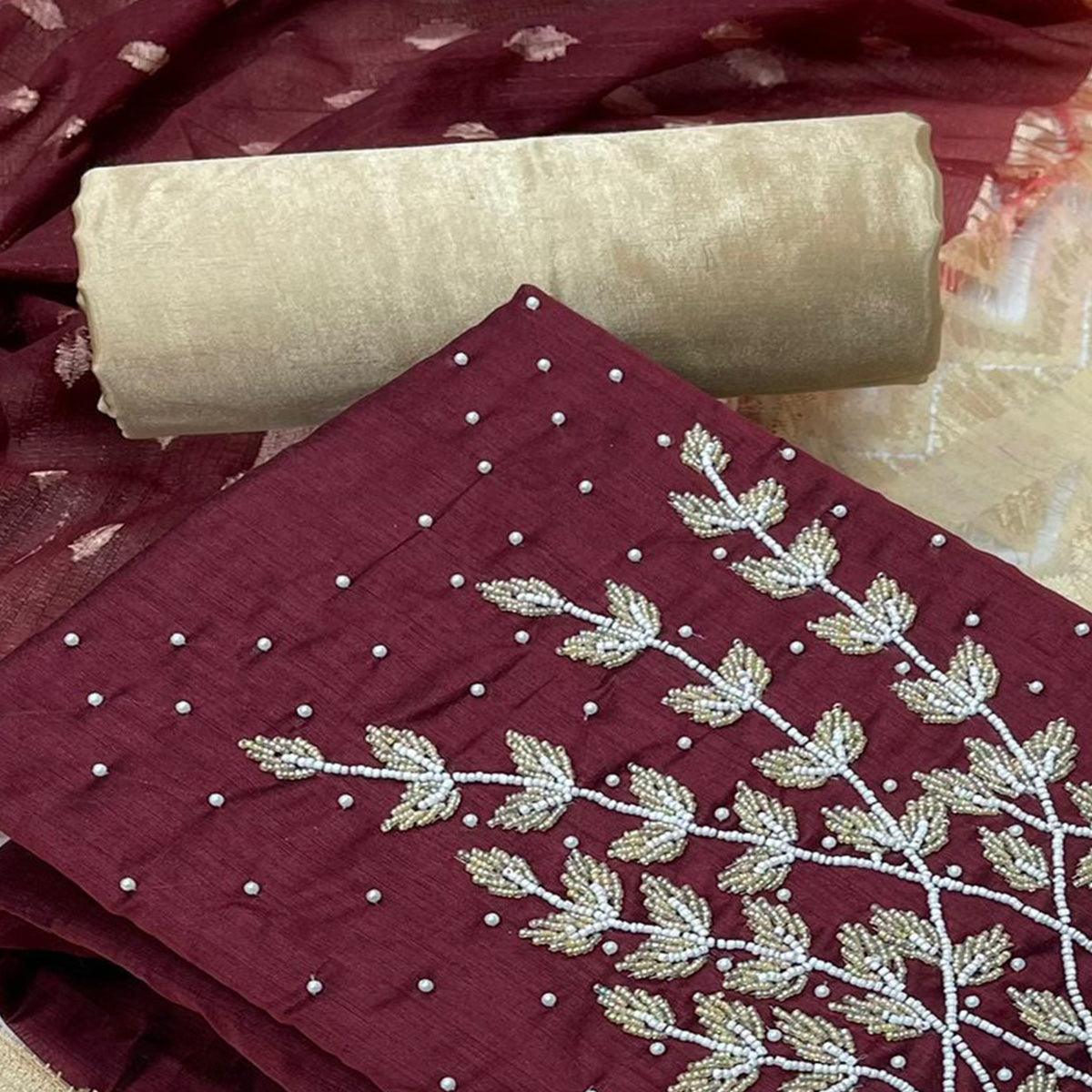 Maroon Casual Wear Pearl Handwork Modal Silk  Dress Material - Peachmode