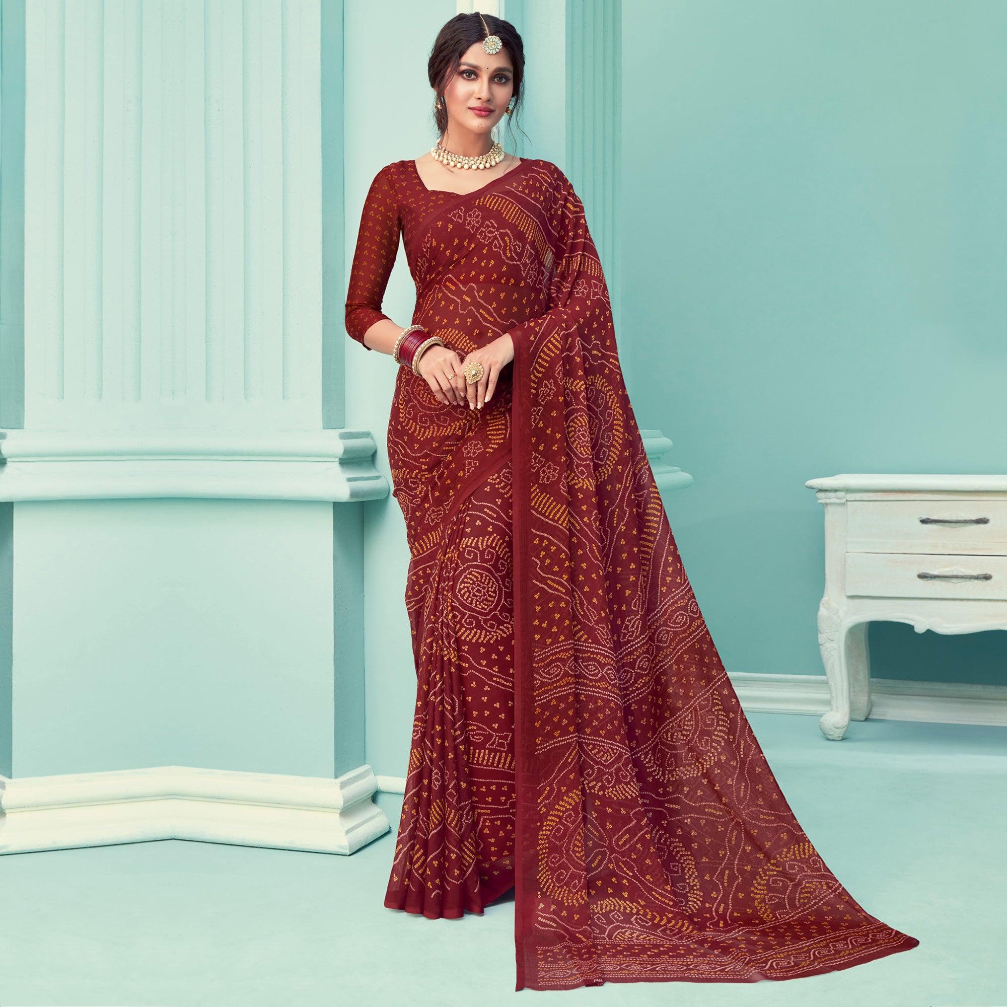 Maroon Casual Wear Printed Chiffon Bandhani Saree - Peachmode
