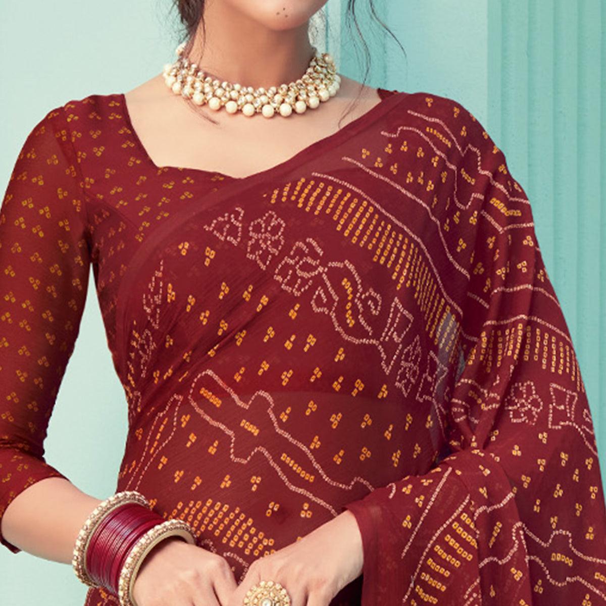 Maroon Casual Wear Printed Chiffon Bandhani Saree - Peachmode