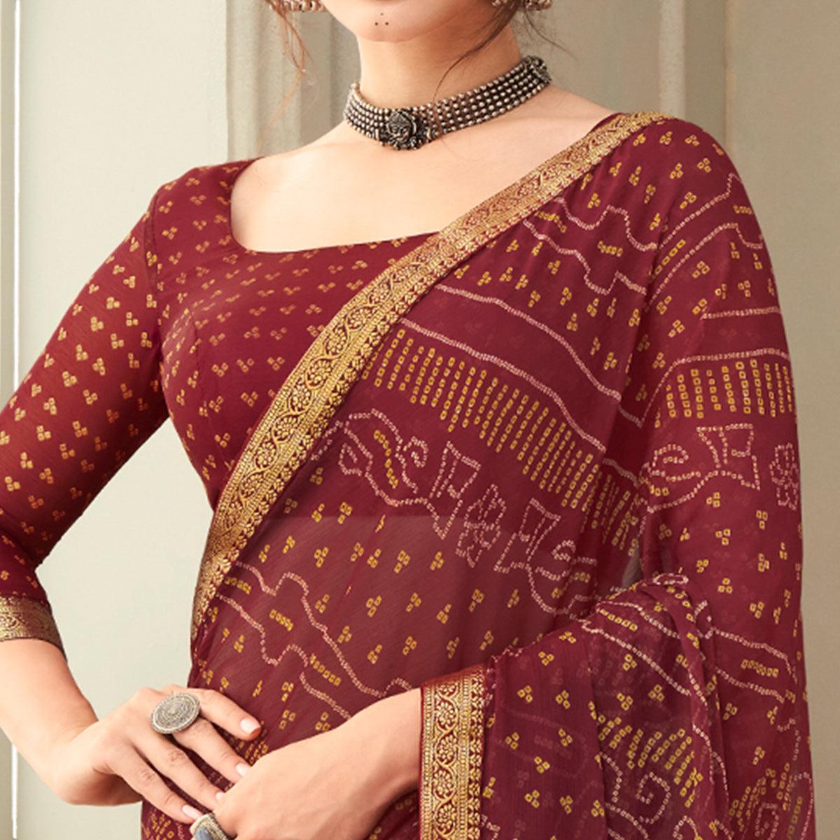 Maroon Casual Wear Printed Chiffon Saree with Banarasi Border - Peachmode