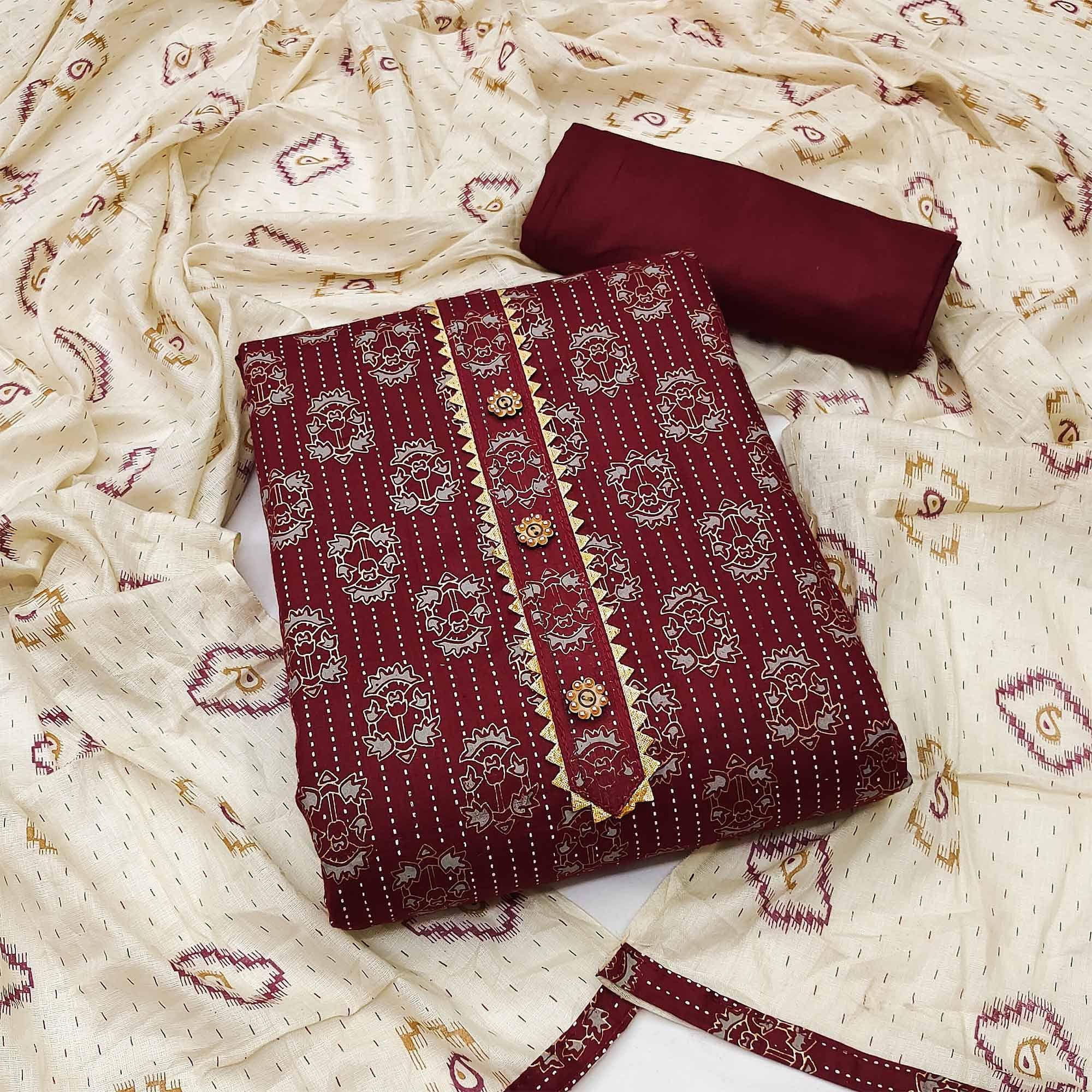 Maroon Casual Wear Printed Cotton Dress Material - Peachmode