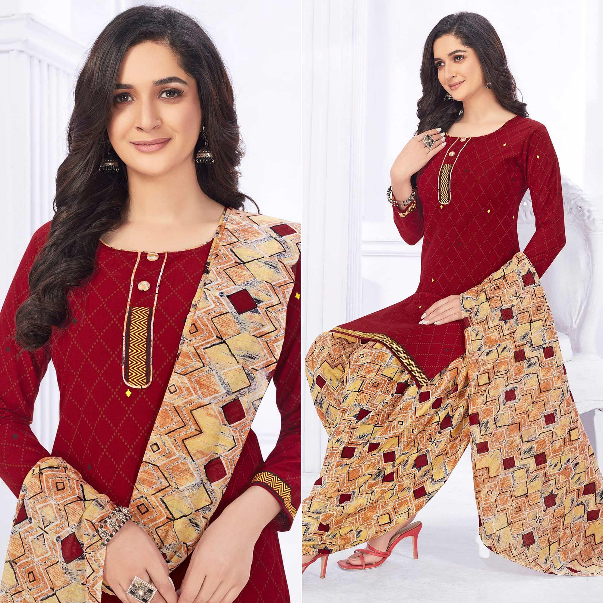 Maroon Casual Wear Printed Cotton Dress Material - Peachmode
