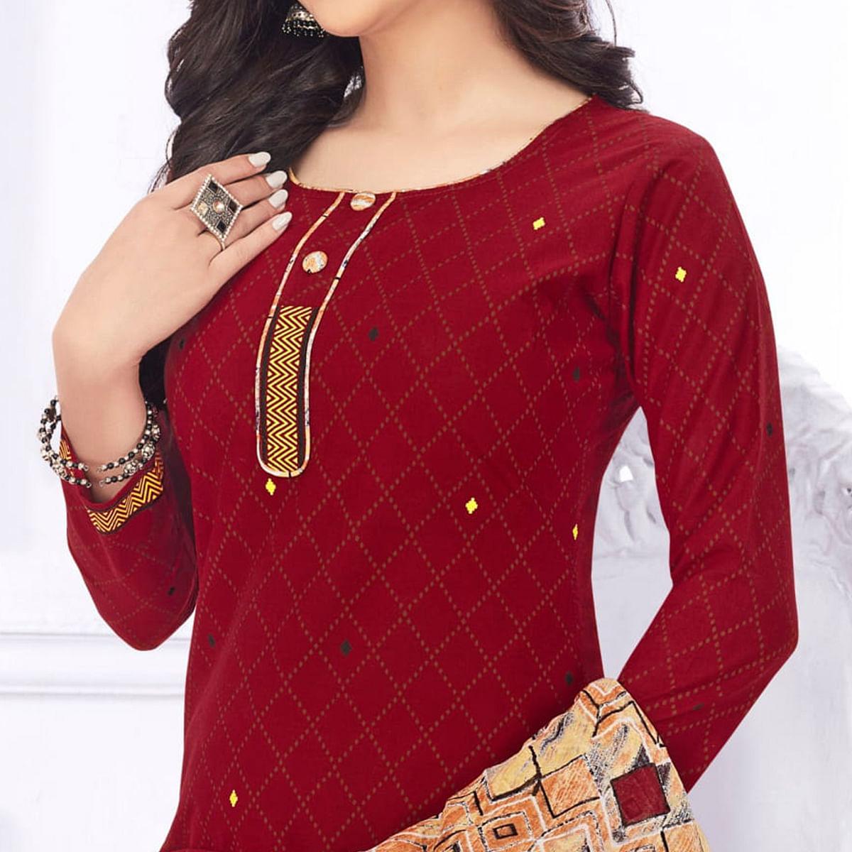 Maroon Casual Wear Printed Cotton Dress Material - Peachmode